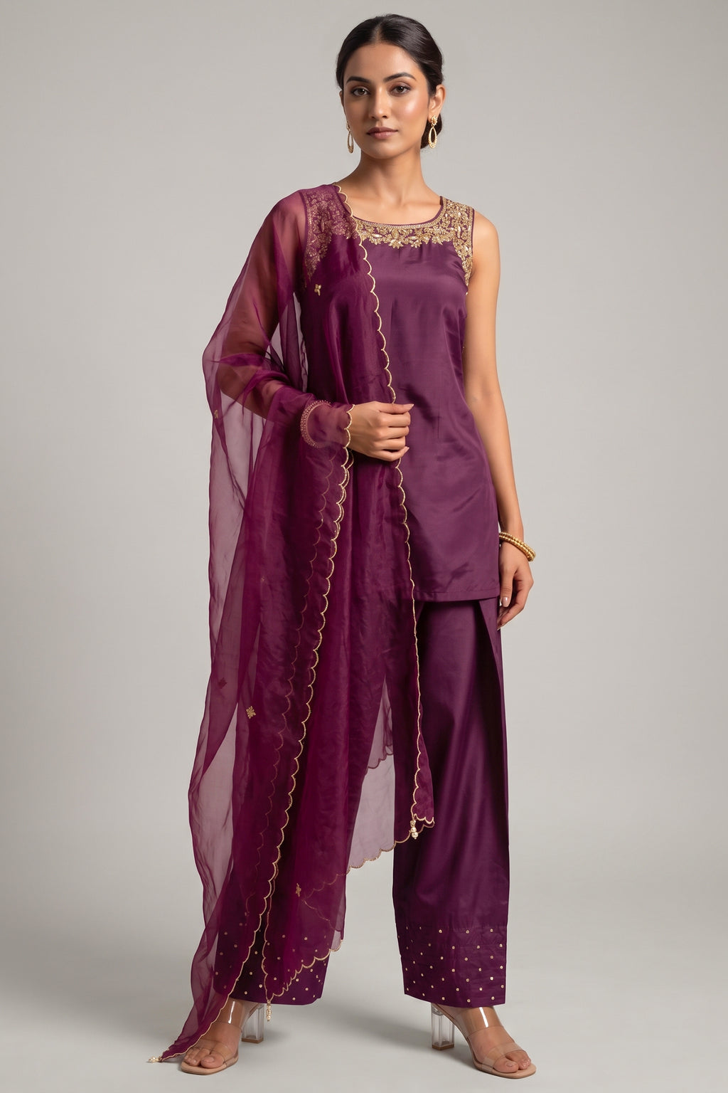 Purple Crepe Straight Embroidered Suit