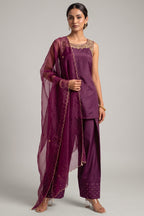 Purple Crepe Straight Embroidered Suit