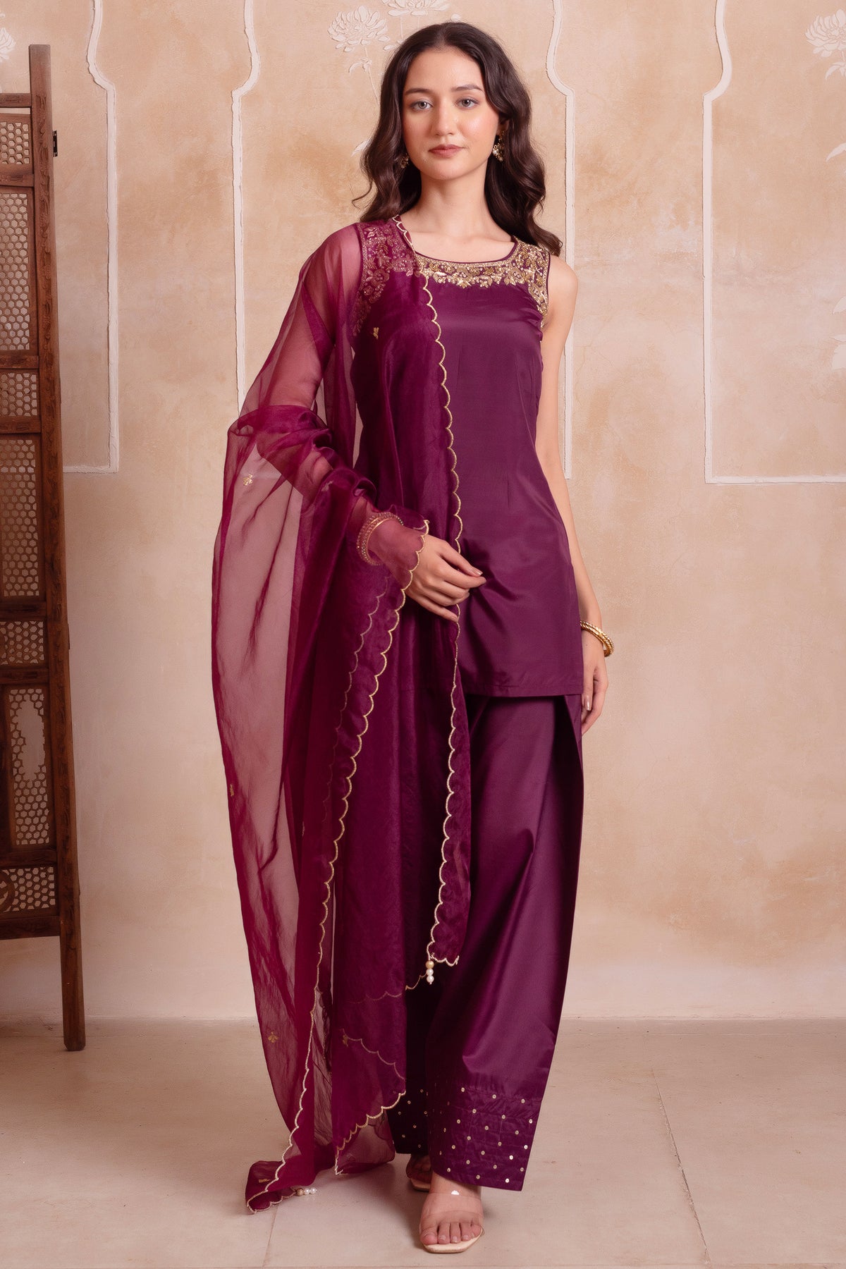 Purple Crepe Straight Embroidered Suit
