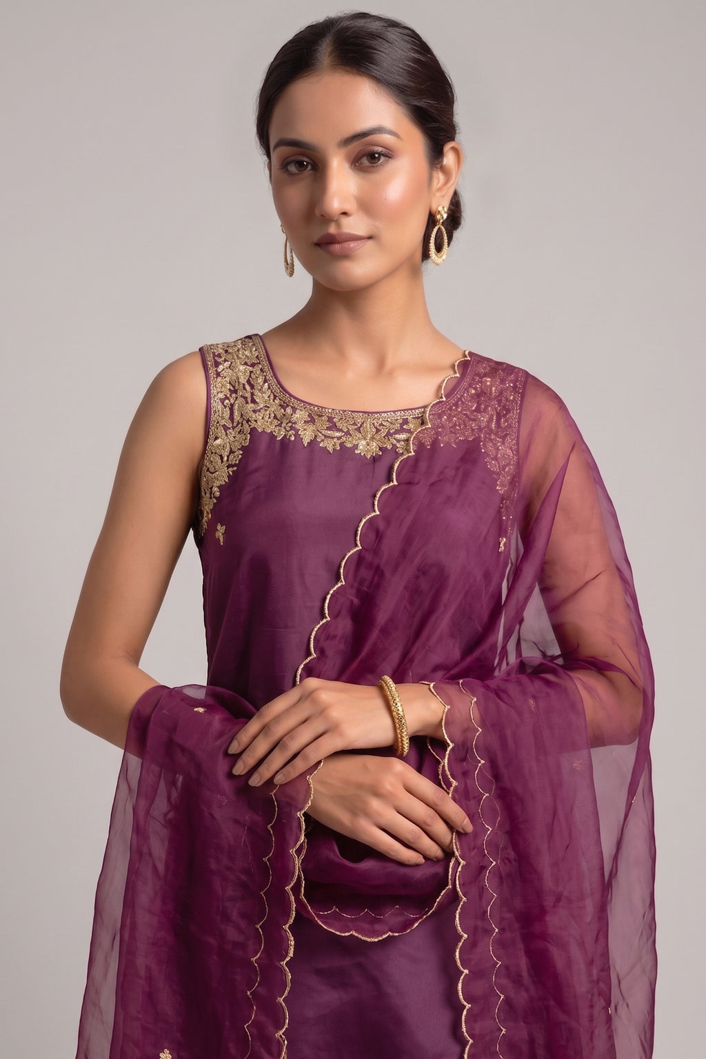 Purple Crepe Straight Embroidered Suit