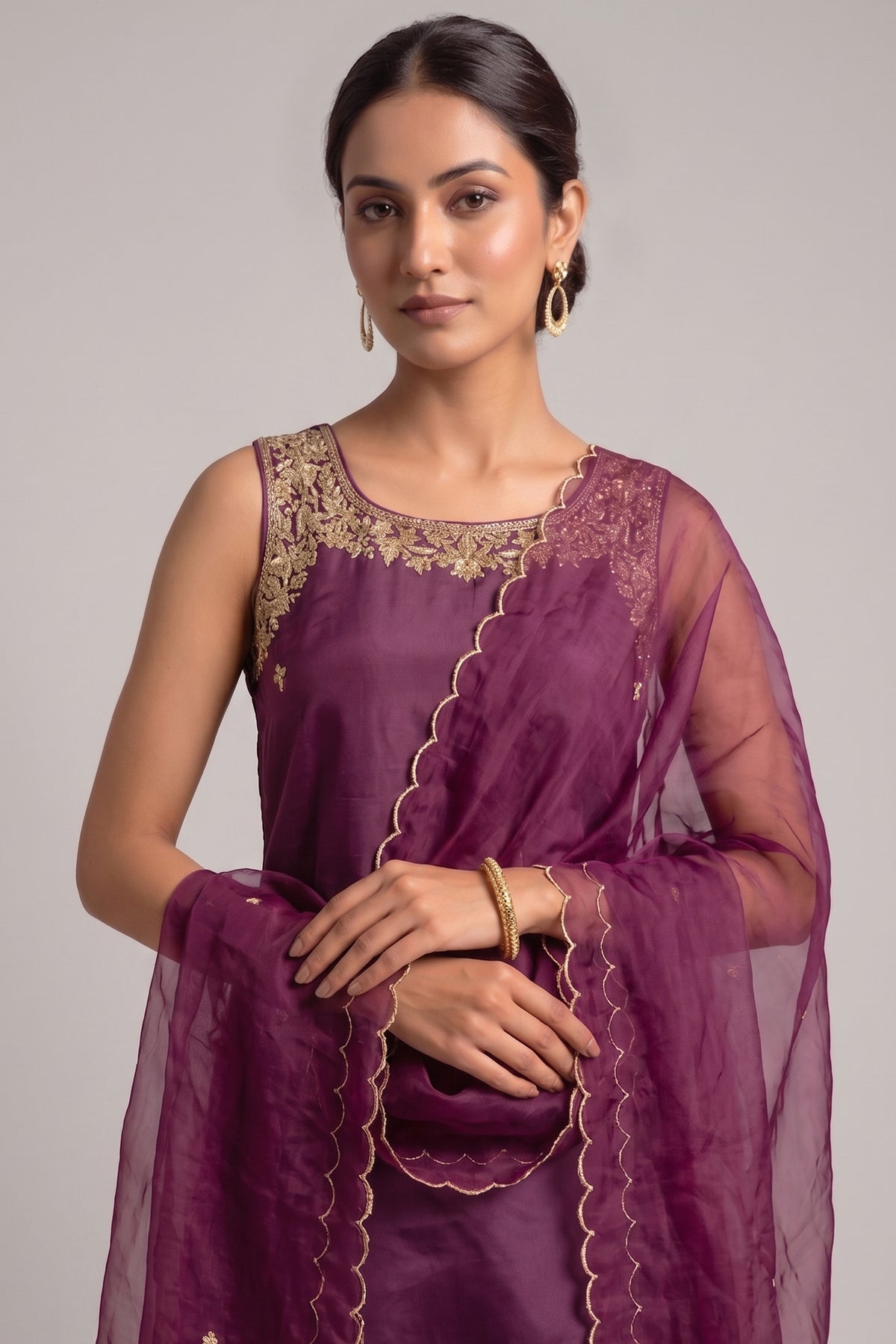 Purple Crepe Straight Embroidered Suit