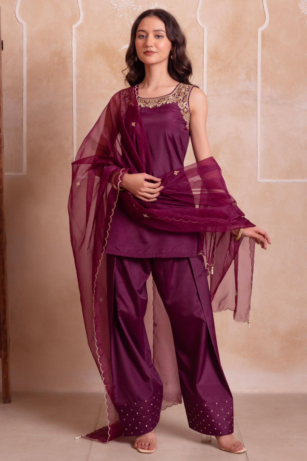 Purple Crepe Straight Embroidered Suit