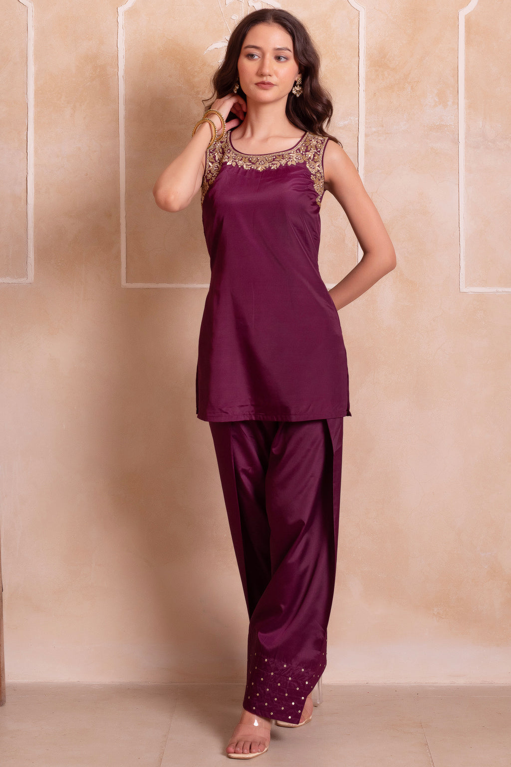 Purple Crepe Straight Embroidered Suit