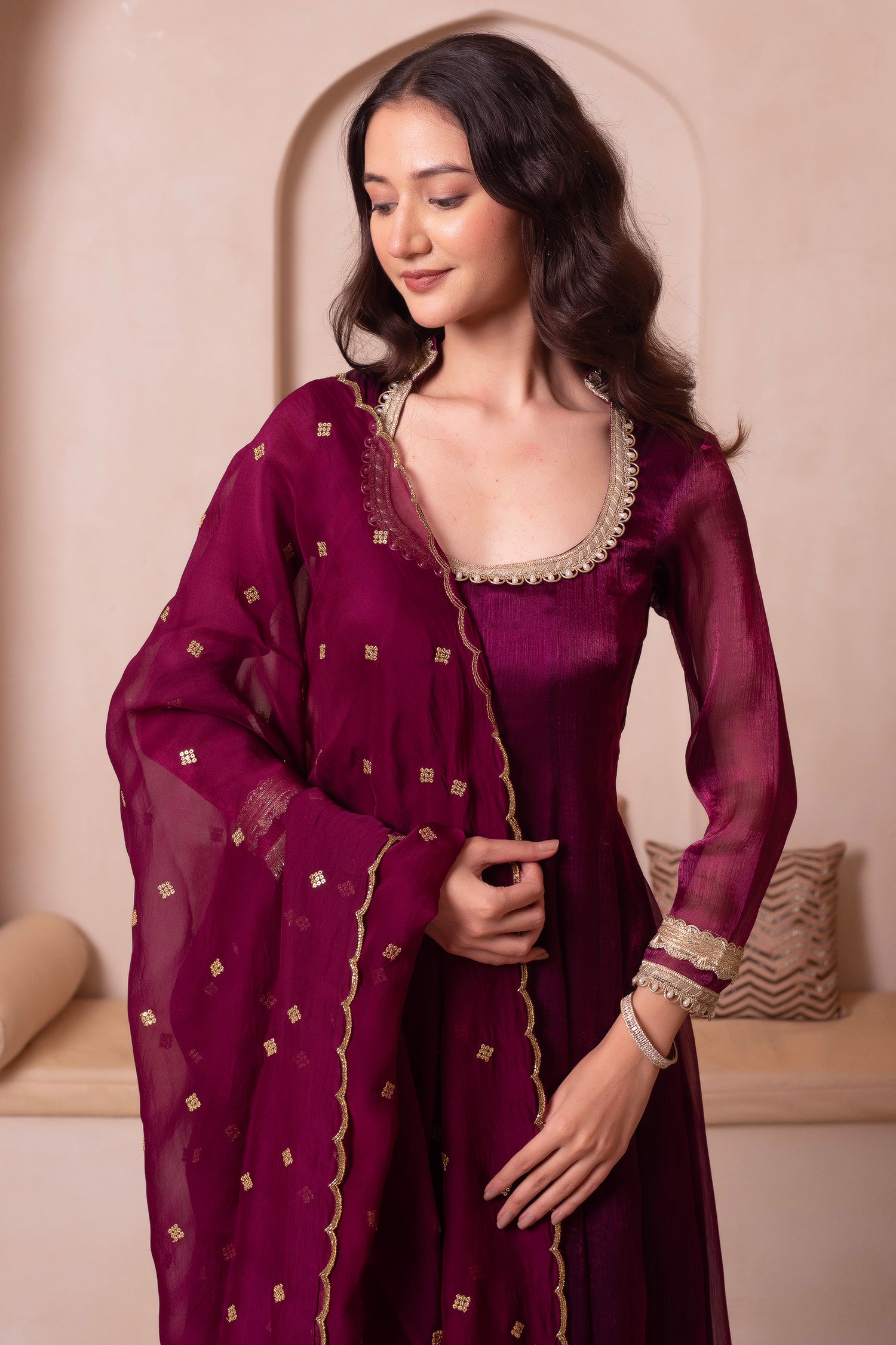 Purple Organza Flared Anarkali Suit with Scalloped Dupatta