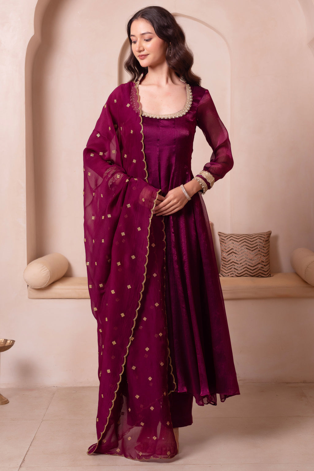 Purple Organza Flared Anarkali Suit with Scalloped Dupatta