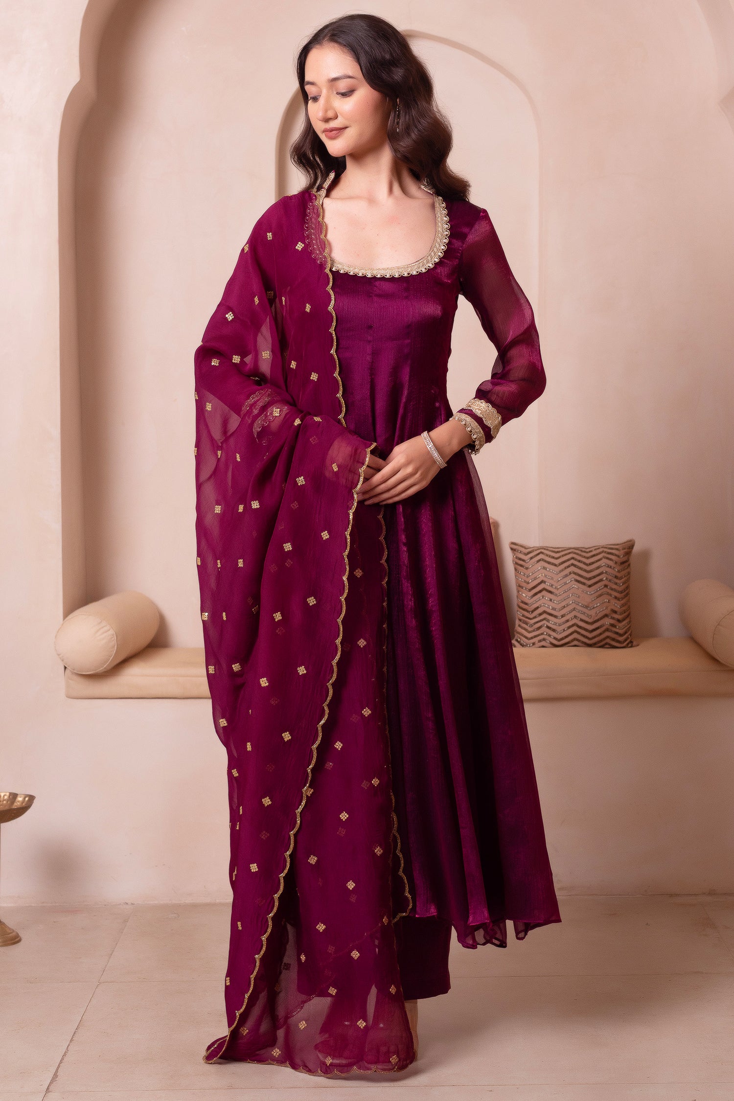 Purple Organza Flared Anarkali Suit with Scalloped Dupatta