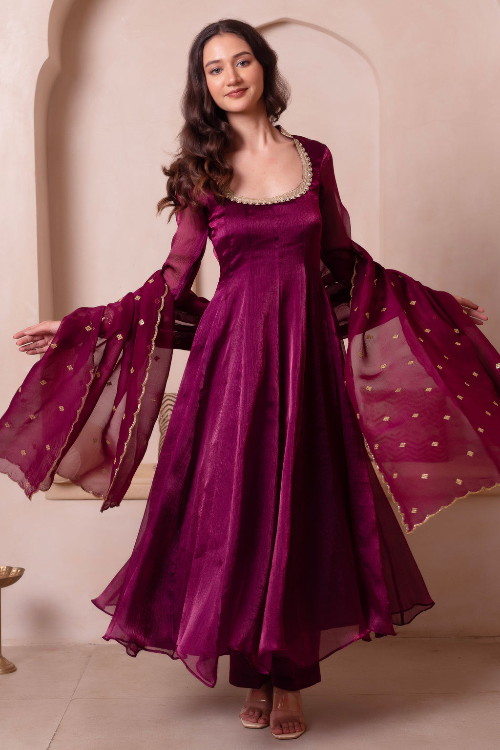 Purple Organza Flared Anarkali Suit with Scalloped Dupatta