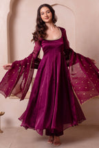Purple Organza Flared Anarkali Suit with Scalloped Dupatta
