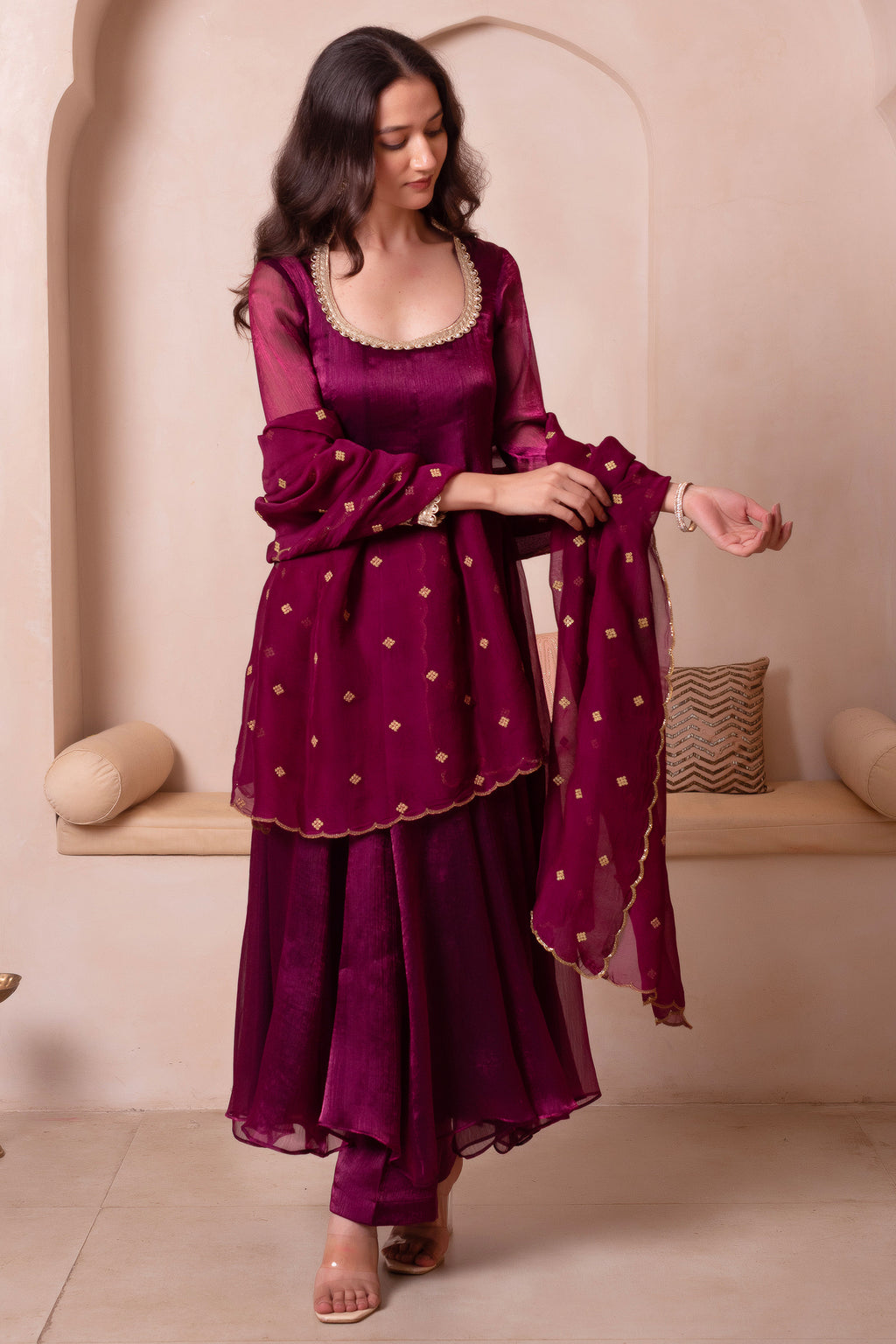 Purple Organza Flared Anarkali Suit with Scalloped Dupatta
