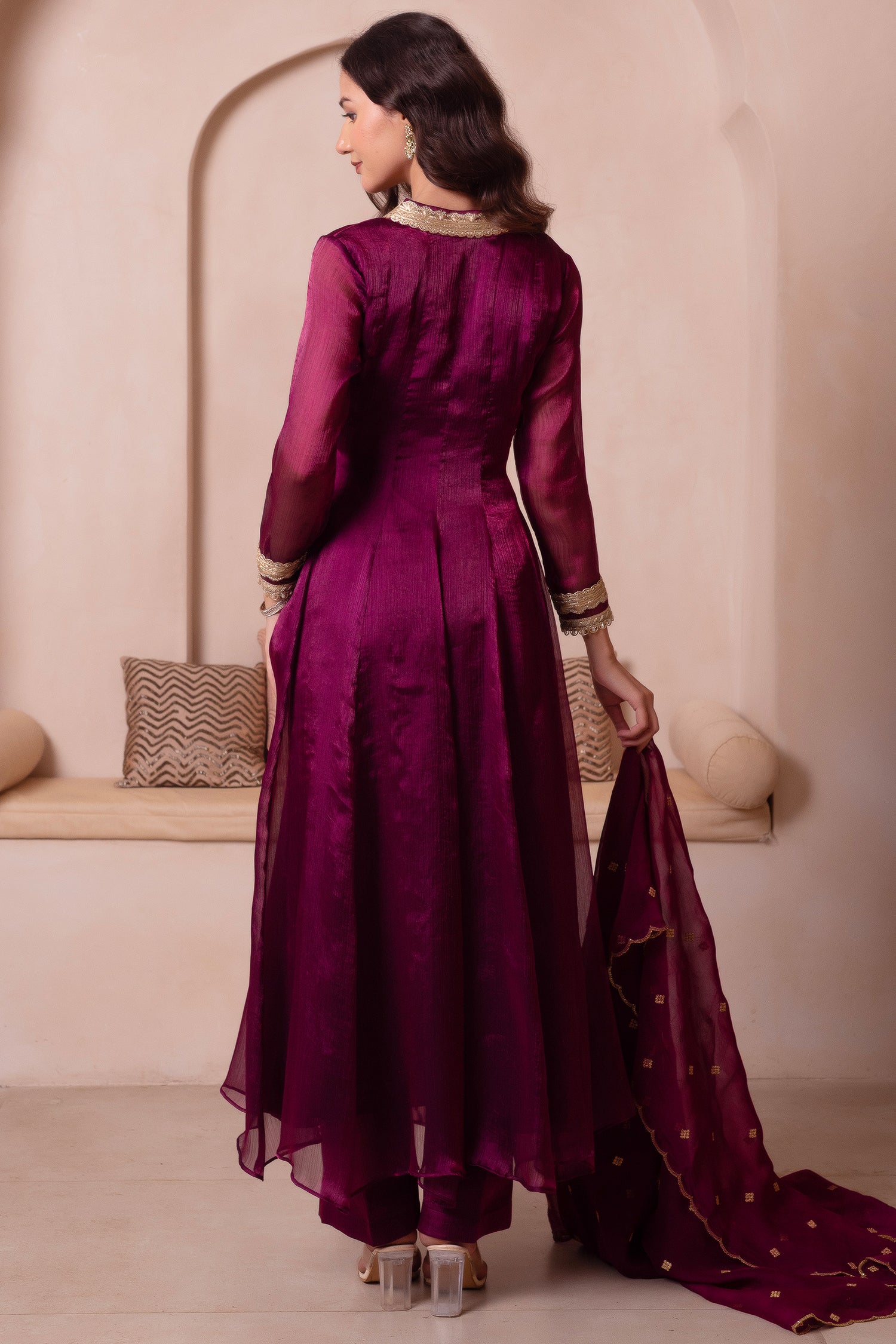 Purple Organza Flared Anarkali Suit with Scalloped Dupatta
