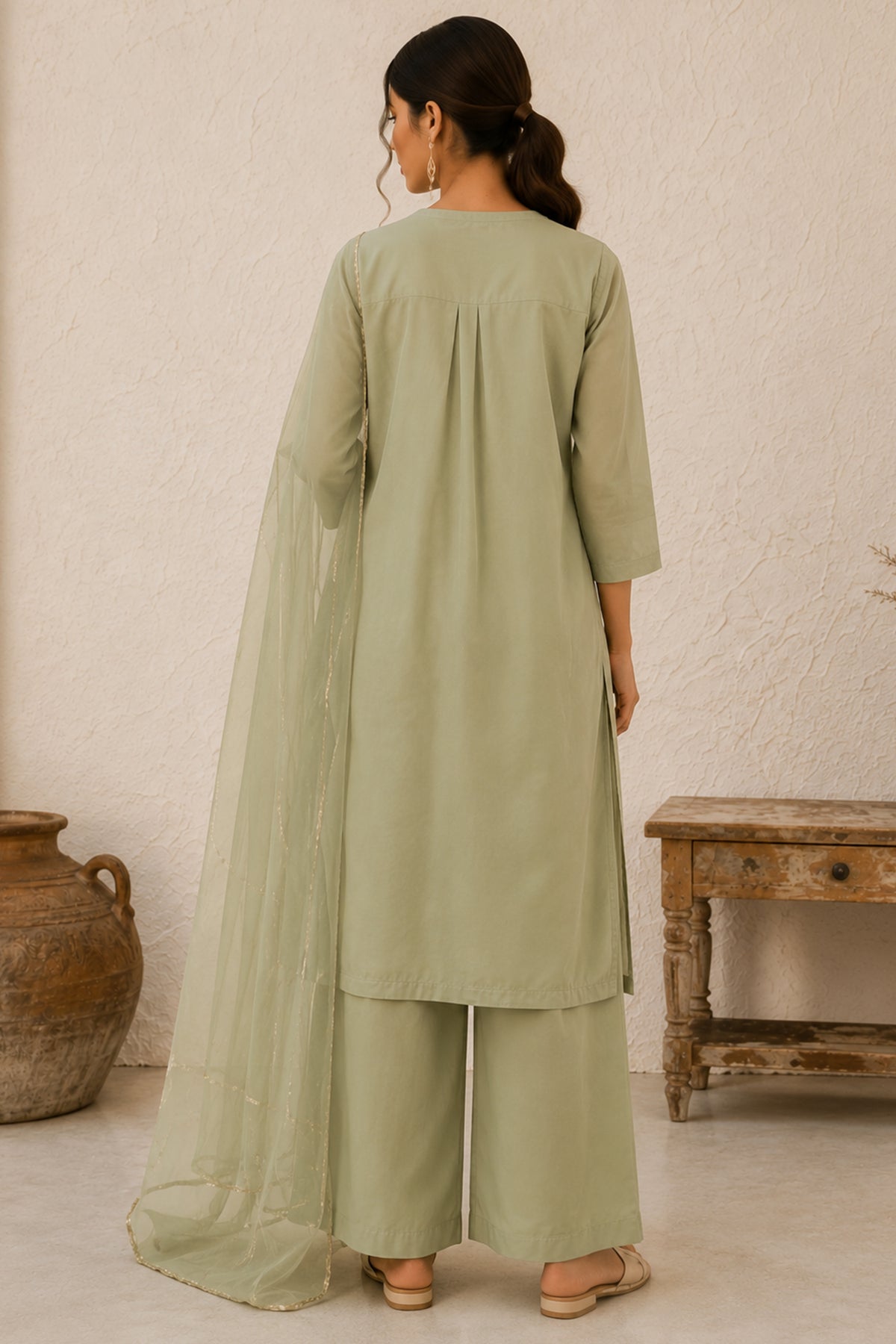 Sage Green Straight Suit with Sheer Embellished Dupatta