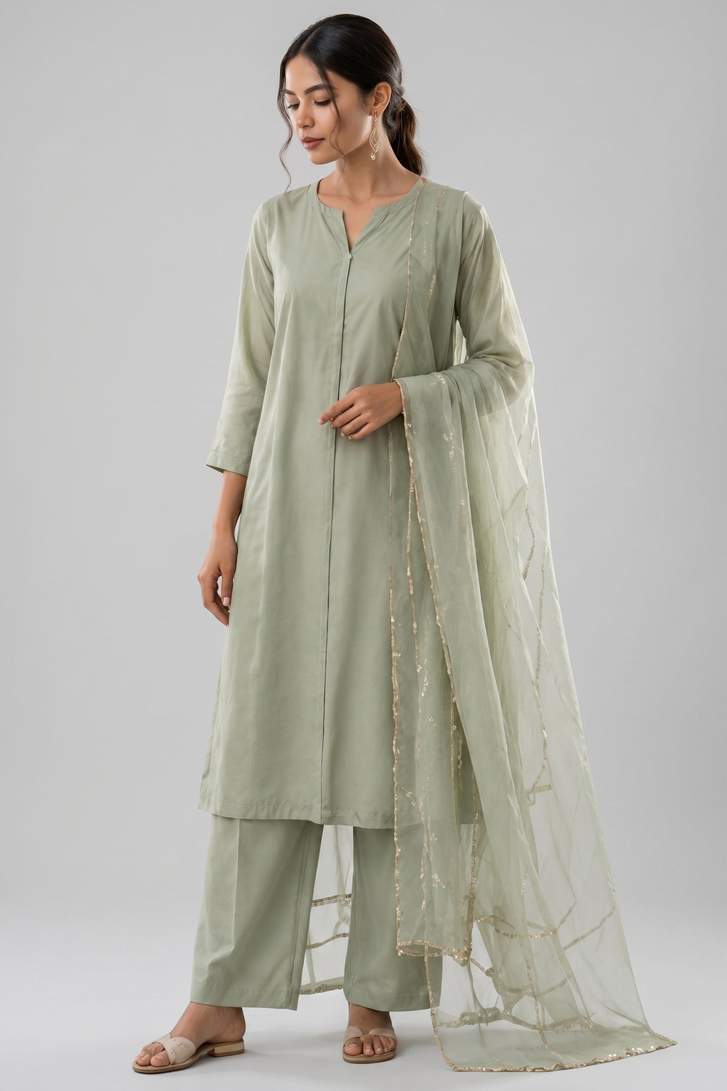 Sage Green Straight Suit with Sheer Embellished Dupatta