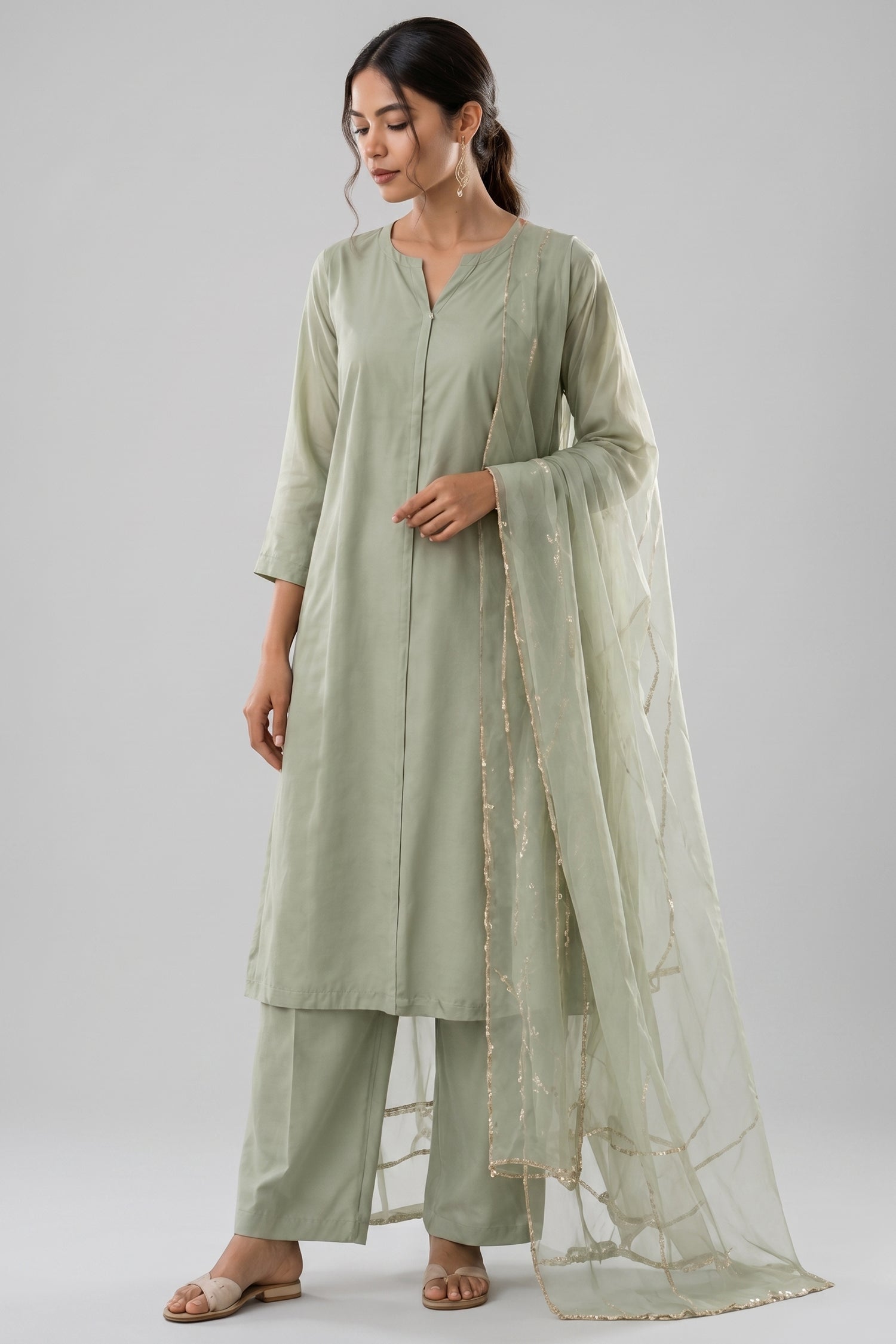 Sage Green Straight Suit with Sheer Embellished Dupatta