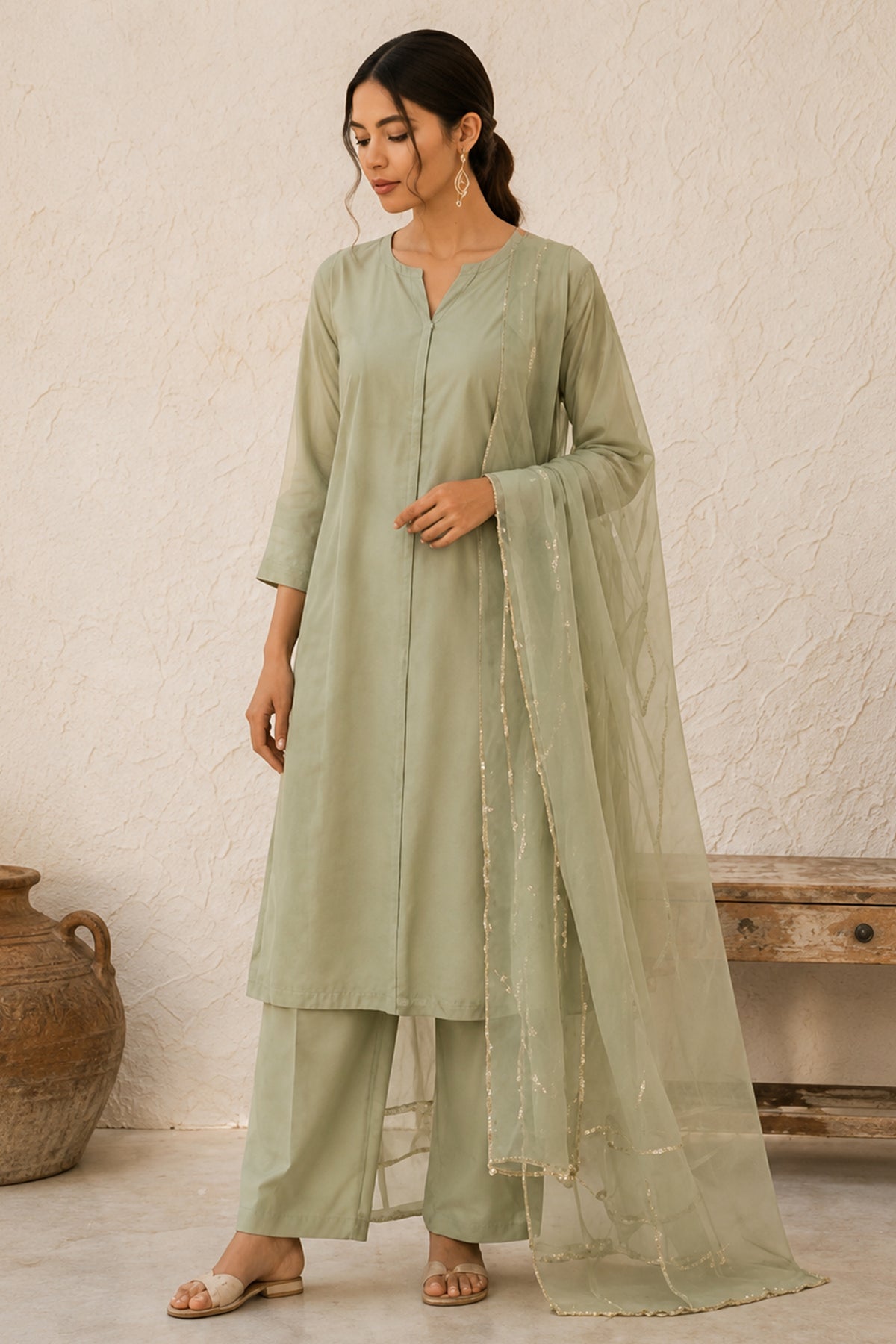 Sage Green Straight Suit with Sheer Embellished Dupatta
