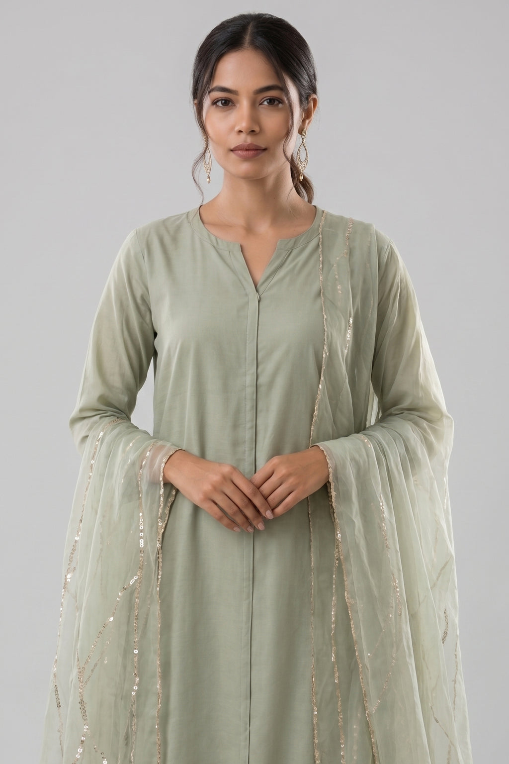 Sage Green Straight Suit with Sheer Embellished Dupatta