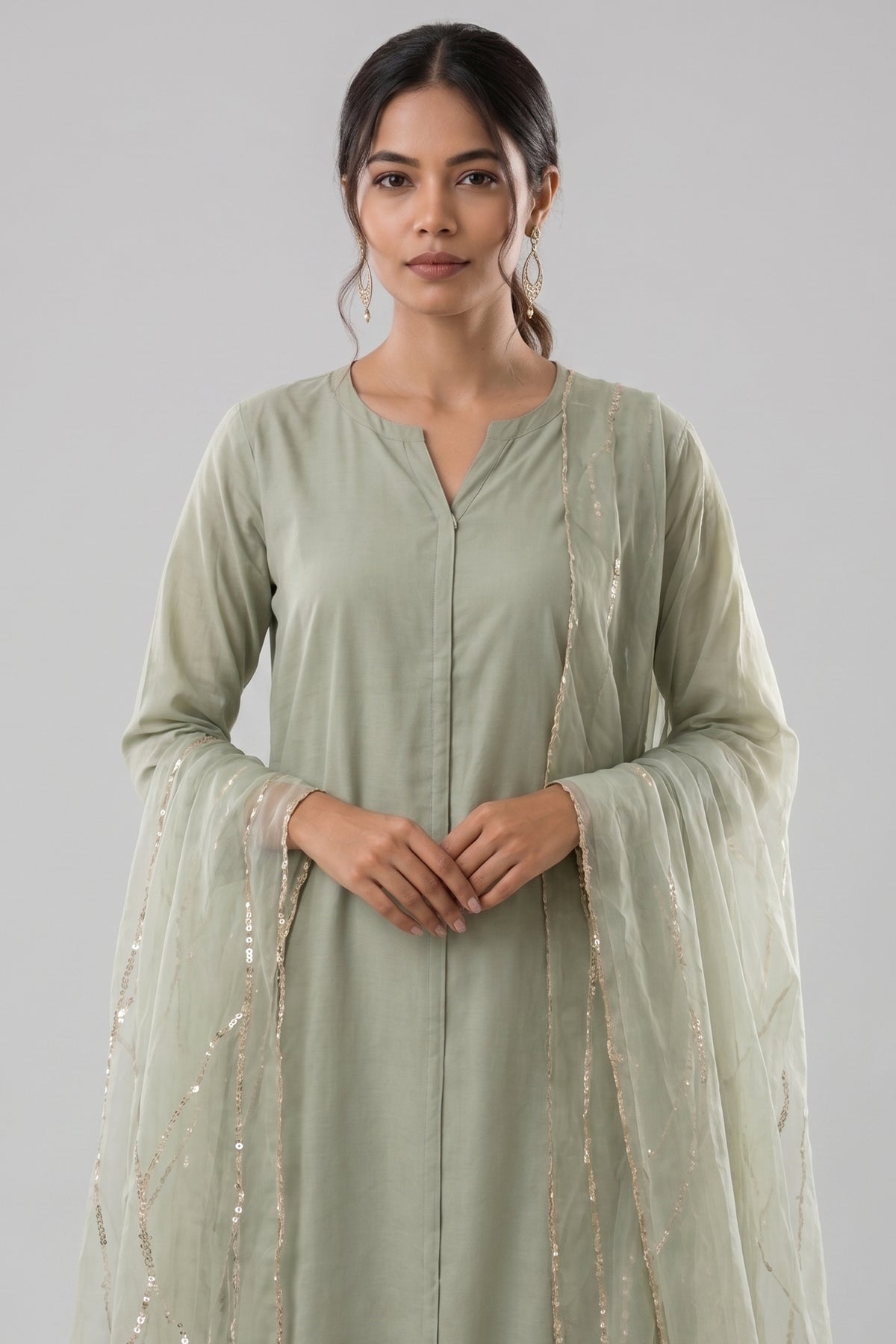 Sage Green Straight Suit with Sheer Embellished Dupatta