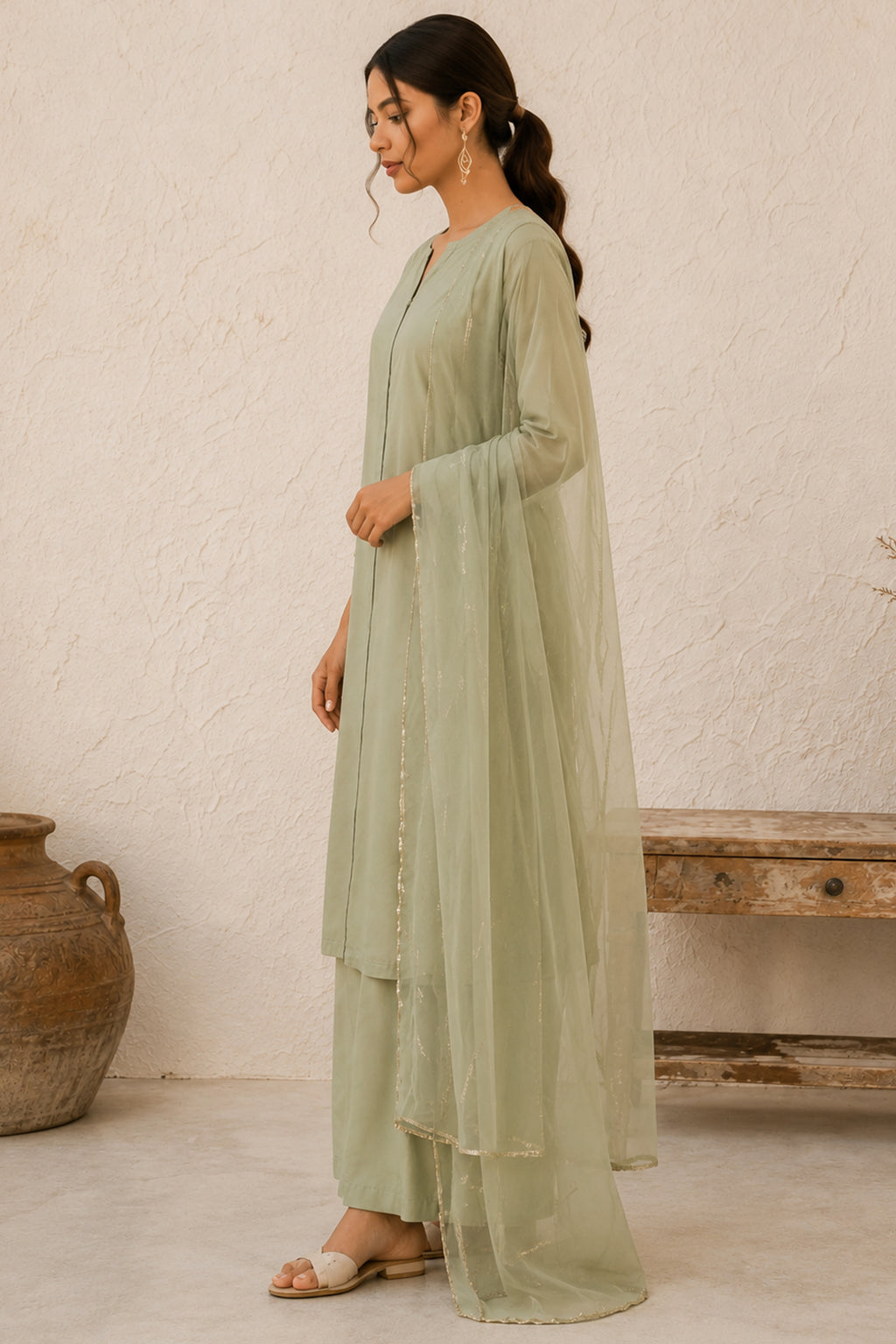 Sage Green Straight Suit with Sheer Embellished Dupatta