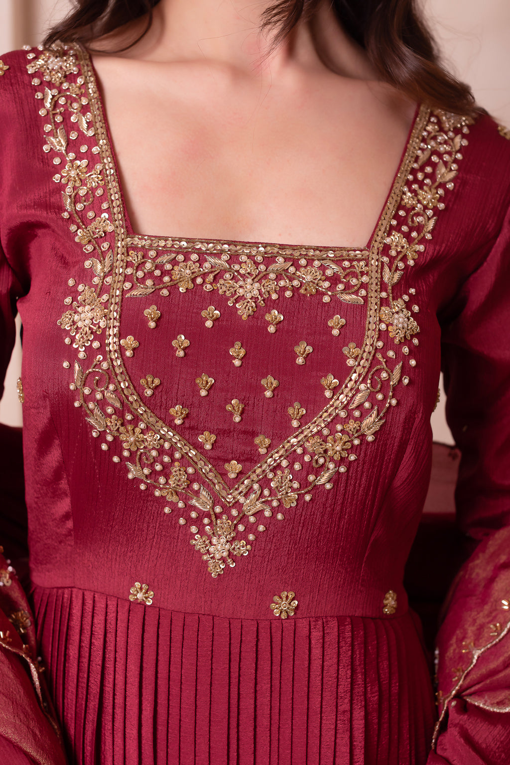 Maroon Pleated Anarkali Suit Set with Gold Embroidered Yoke
