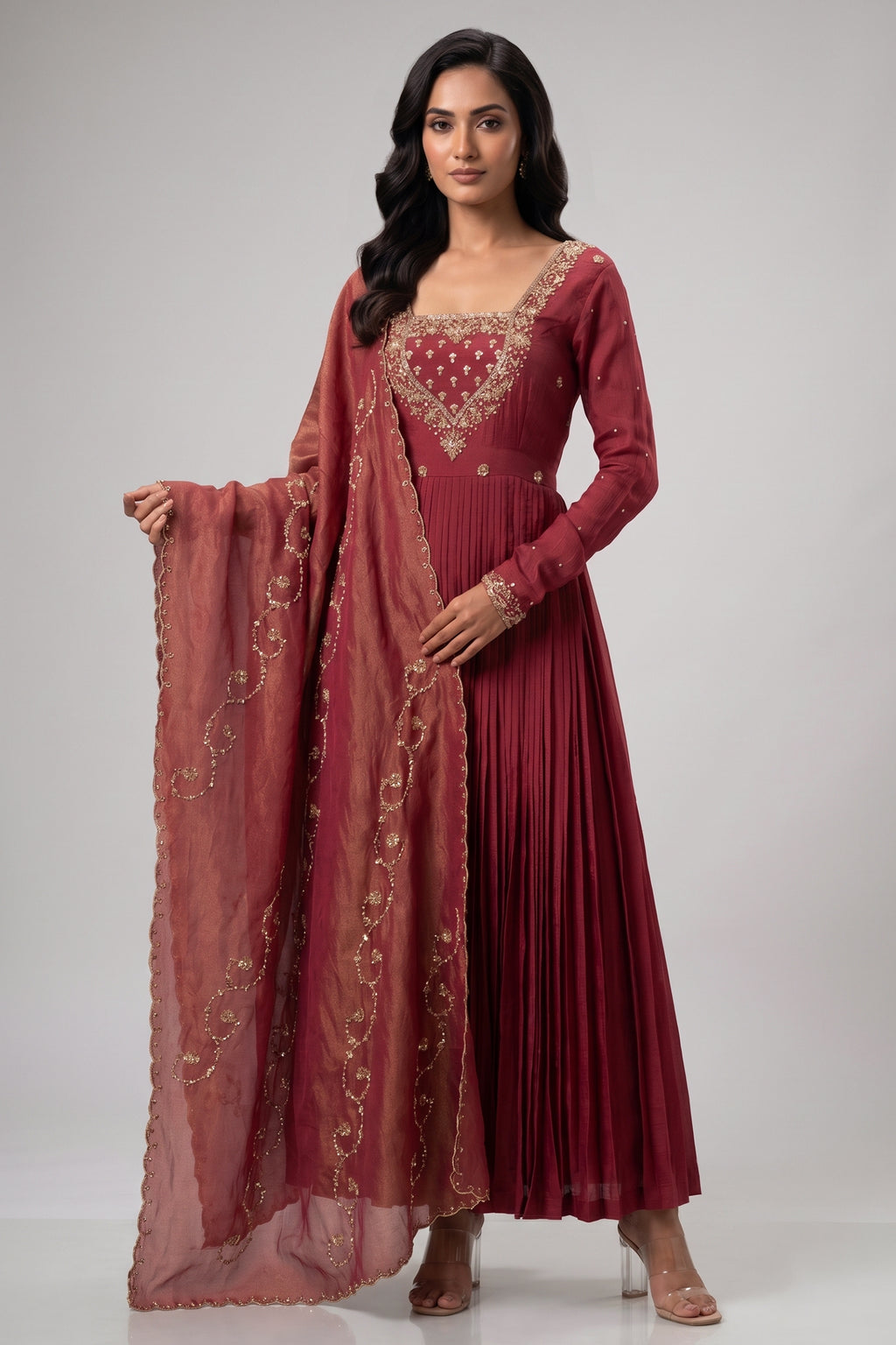Maroon Pleated Anarkali Suit Set with Gold Embroidered Yoke