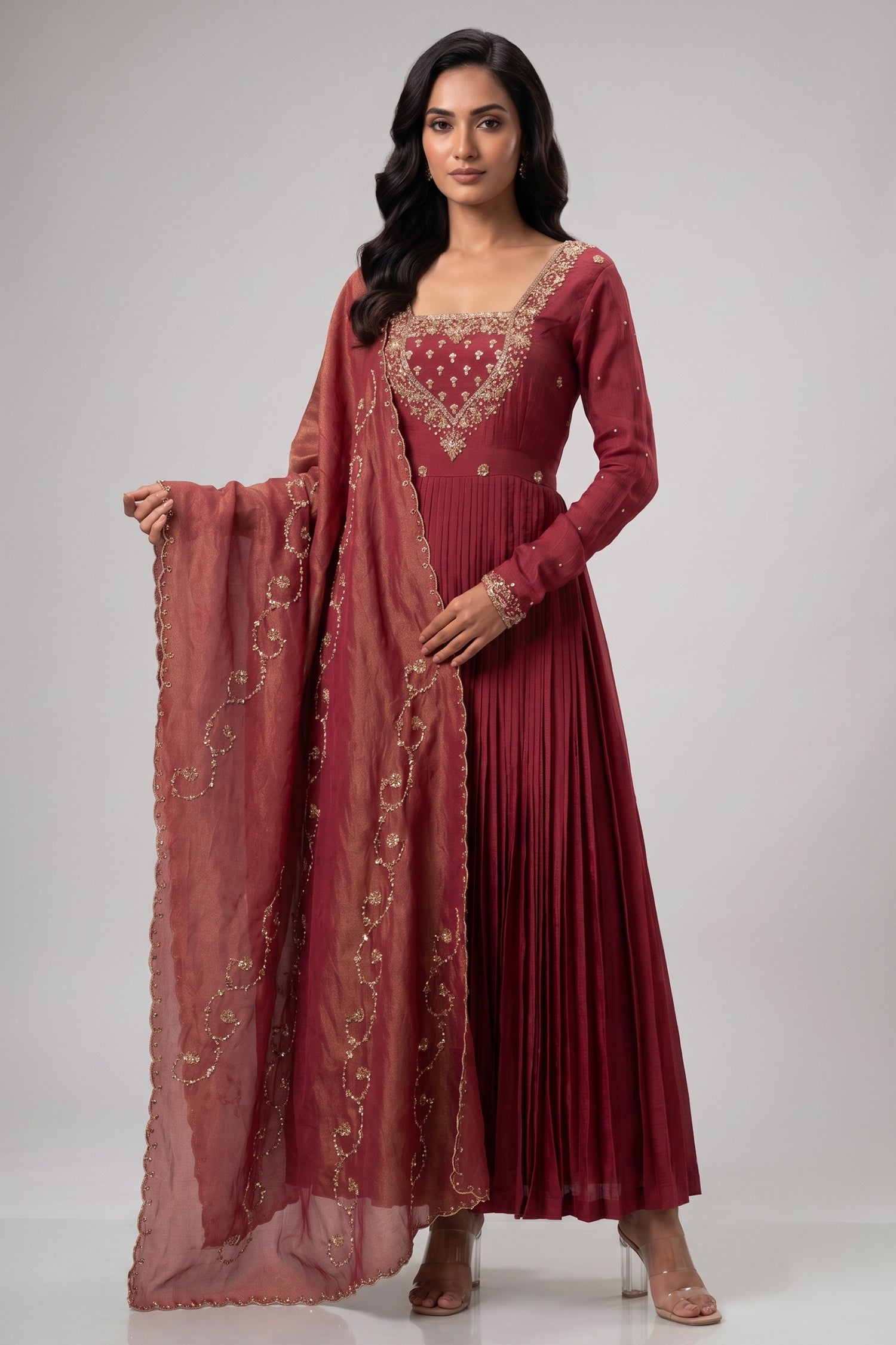 Maroon Pleated Anarkali Suit Set with Gold Embroidered Yoke