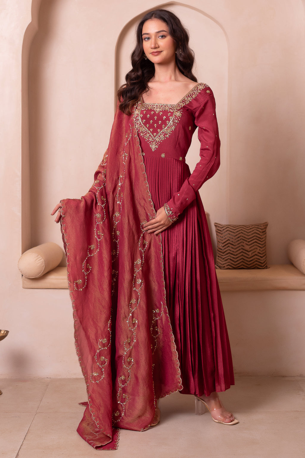 Maroon Pleated Anarkali Suit Set with Gold Embroidered Yoke
