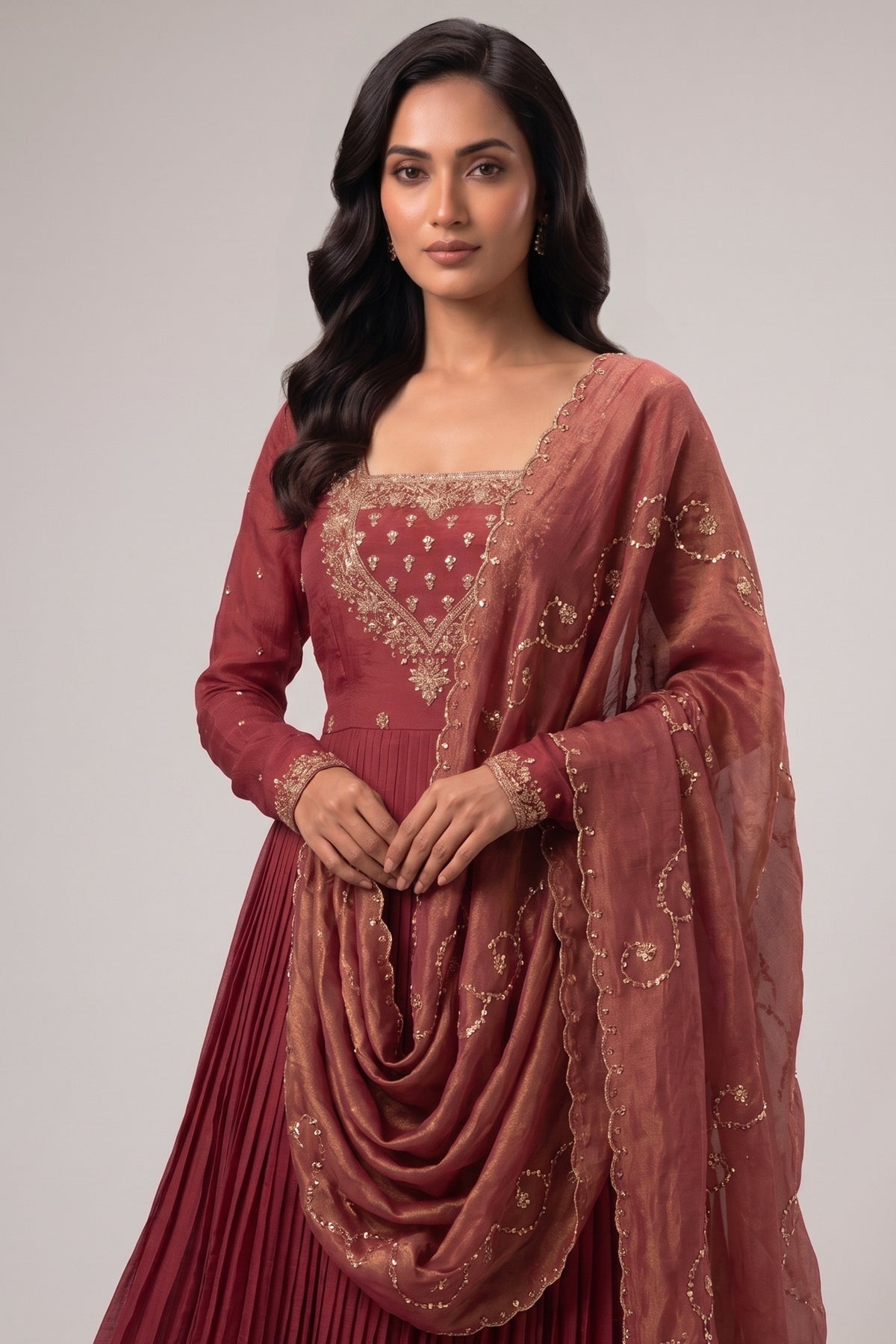 Maroon Pleated Anarkali Suit Set with Gold Embroidered Yoke