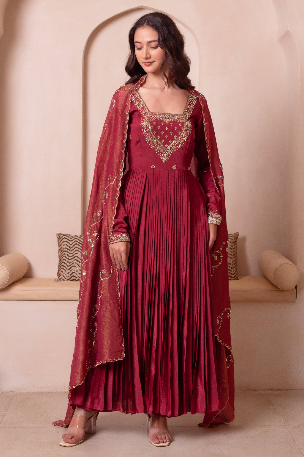 Maroon Pleated Anarkali Suit Set with Gold Embroidered Yoke