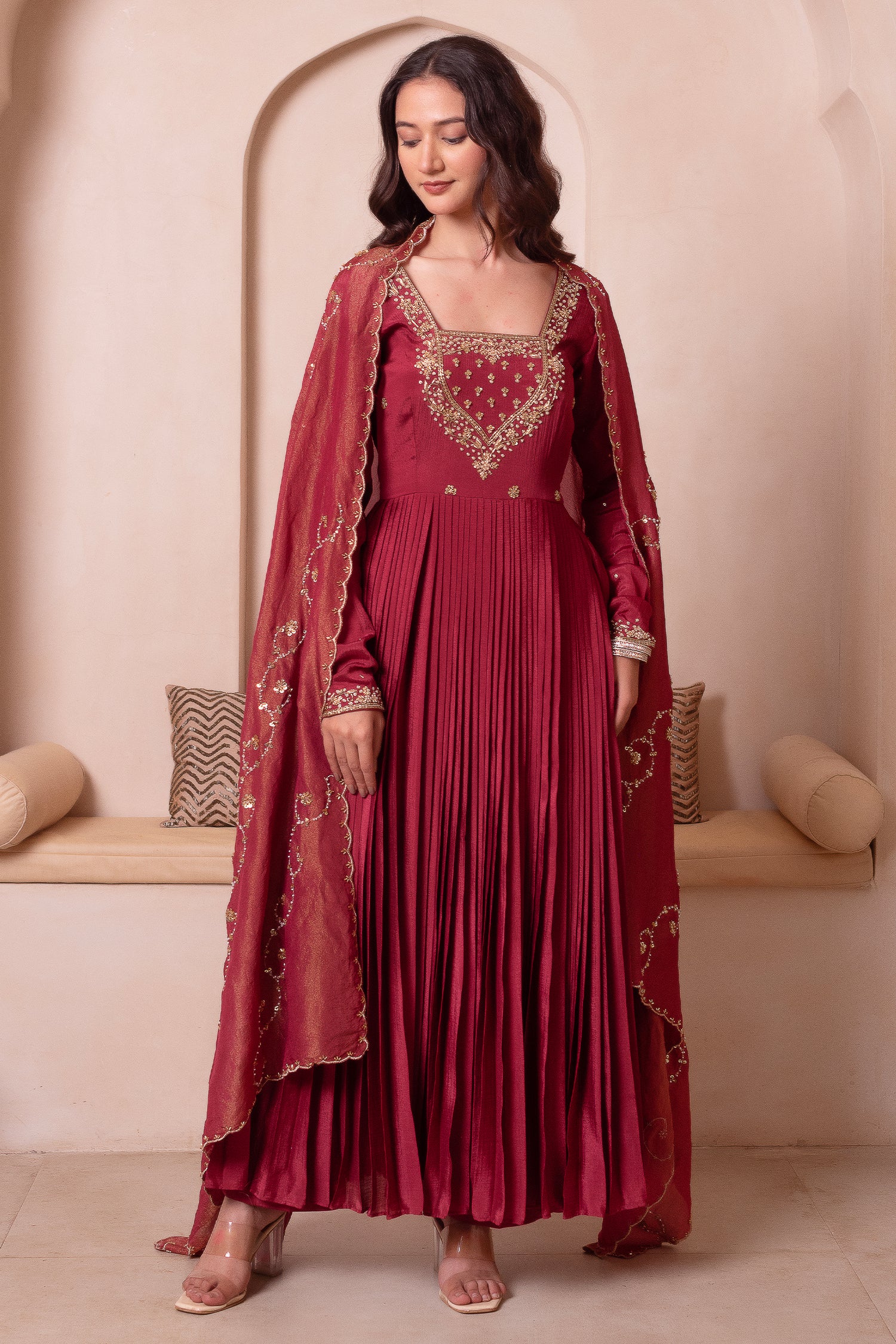 Maroon Pleated Anarkali Suit Set with Gold Embroidered Yoke