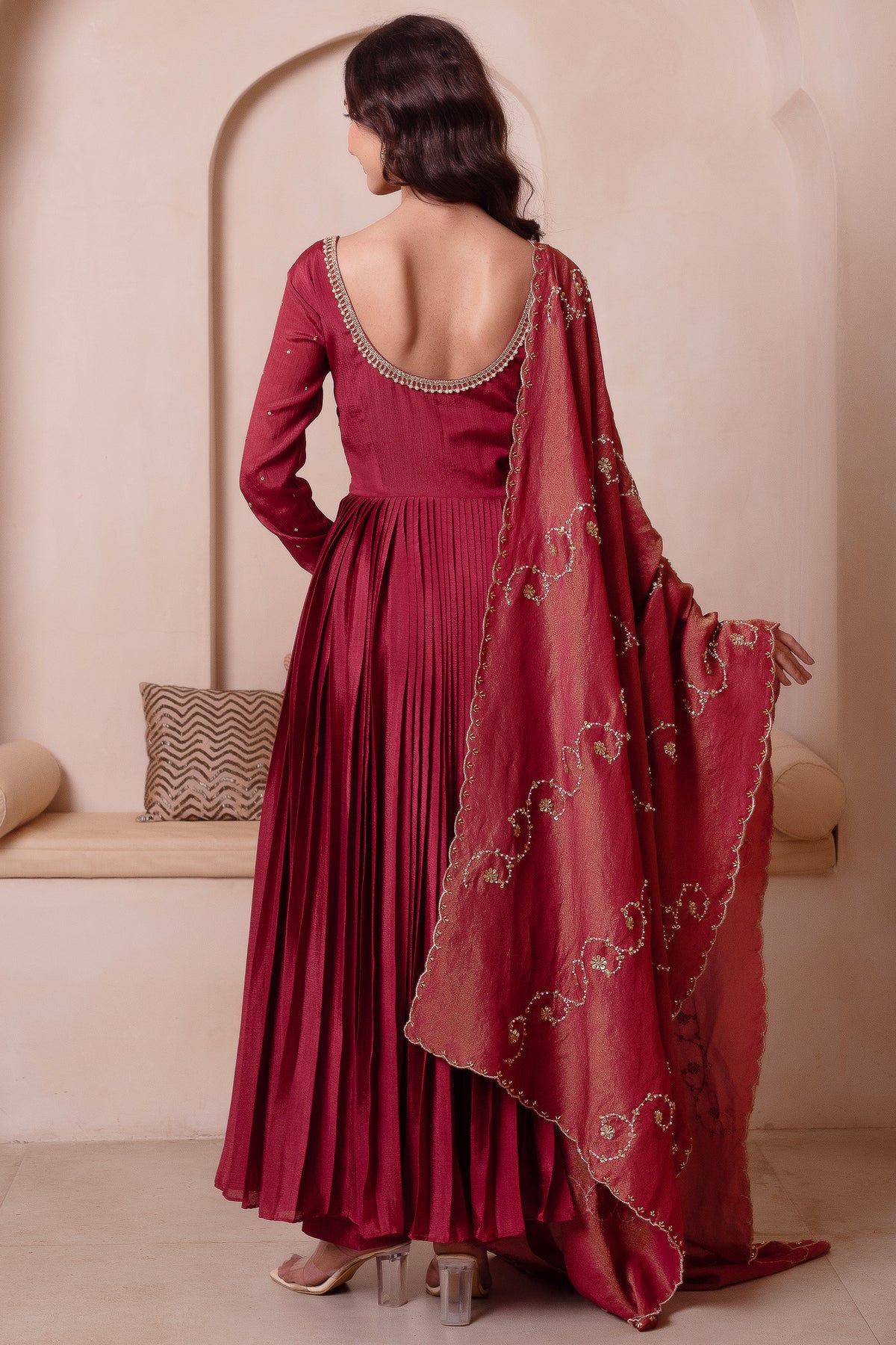 Maroon Pleated Anarkali Suit Set with Gold Embroidered Yoke