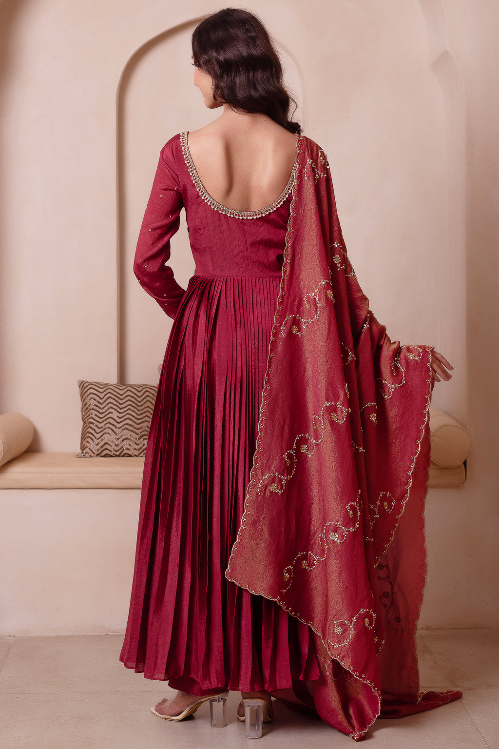 Maroon Pleated Anarkali Suit Set with Gold Embroidered Yoke