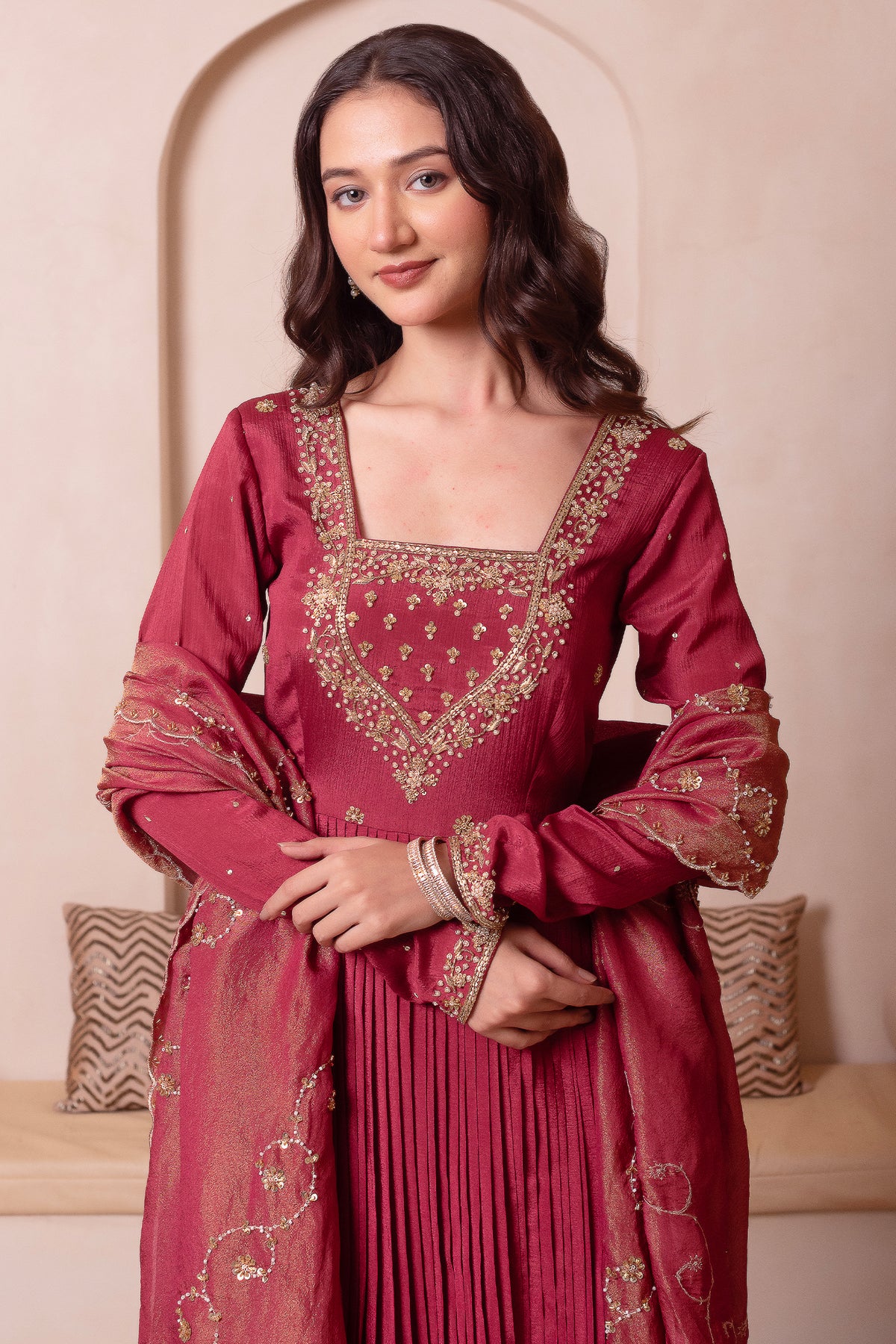 Maroon Pleated Anarkali Suit Set with Gold Embroidered Yoke