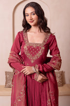 Maroon Pleated Anarkali Suit Set with Gold Embroidered Yoke