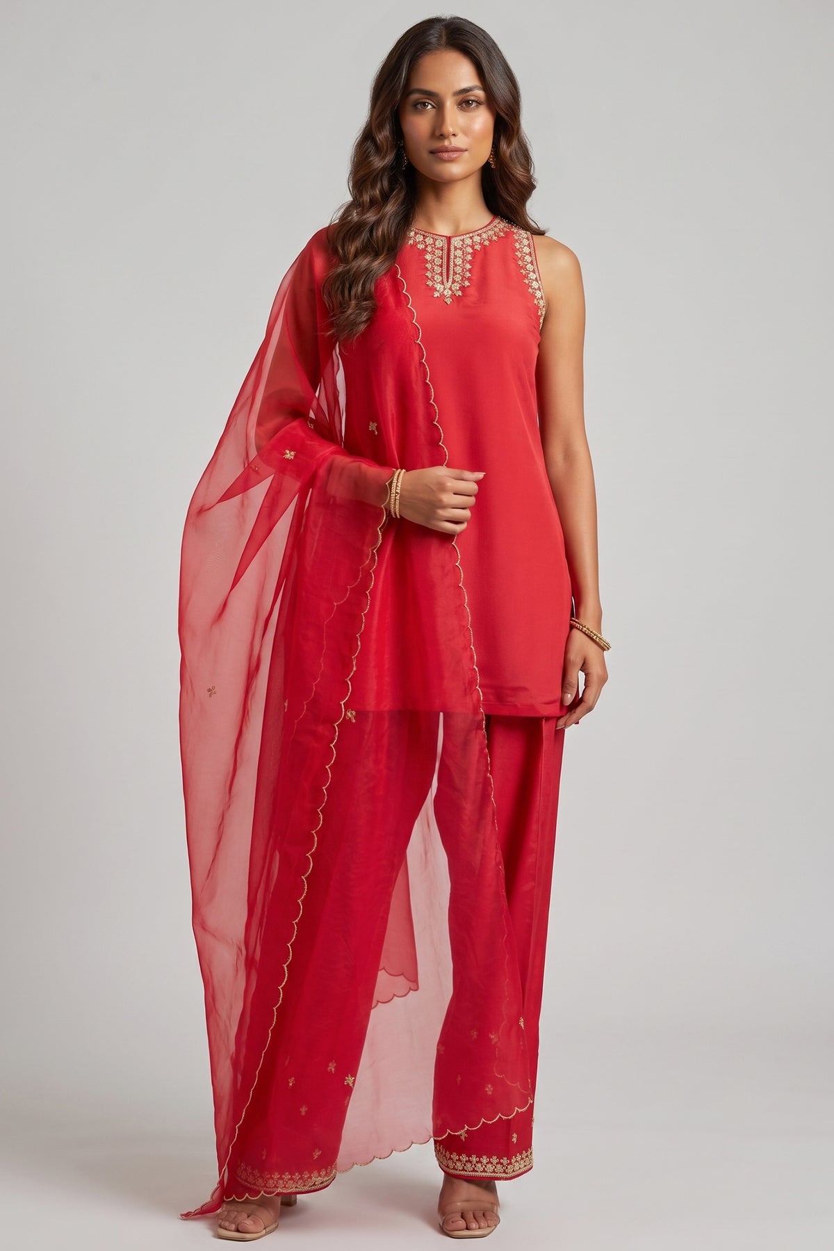 Red Crepe Embroidered Suit with Sharara & Scalloped Dupatta Main image