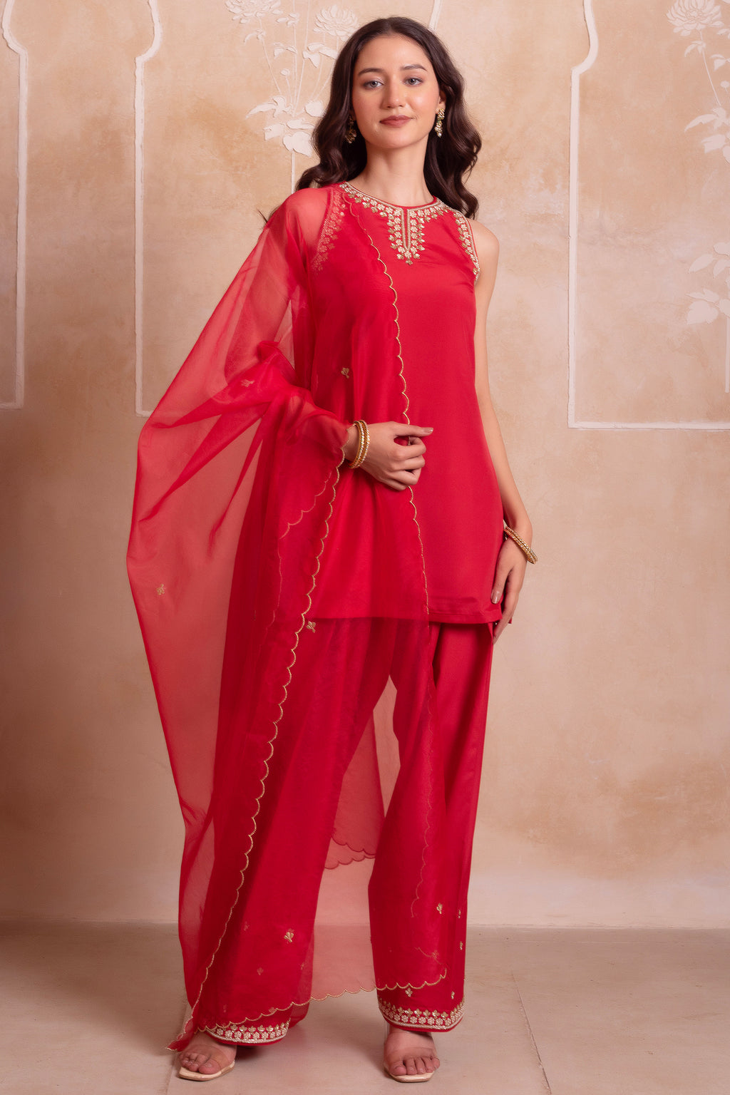 Red Crepe Embroidered Suit with Sharara & Scalloped Dupatta