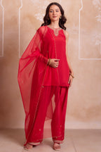Red Crepe Embroidered Suit with Sharara & Scalloped Dupatta