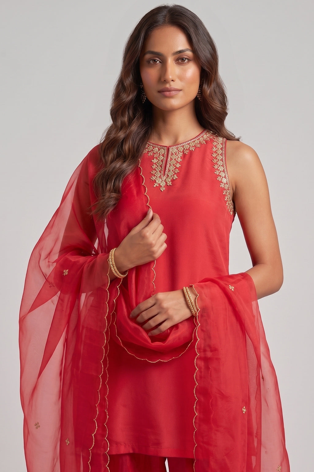 Red Crepe Embroidered Suit with Sharara & Scalloped Dupatta