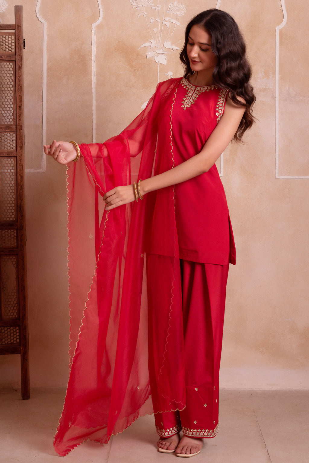 Red Crepe Embroidered Suit with Sharara & Scalloped Dupatta