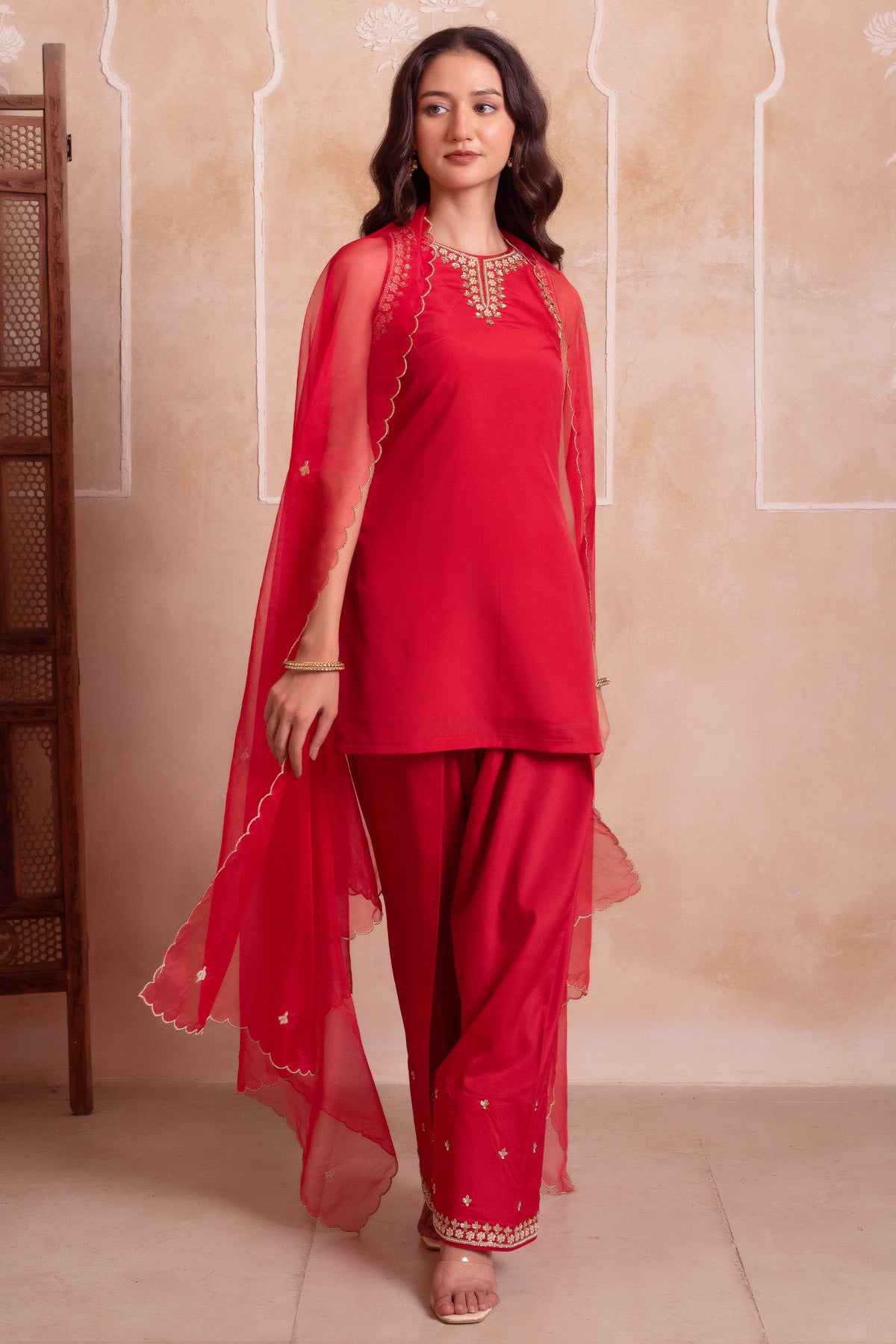 Red Crepe Embroidered Suit with Sharara & Scalloped Dupatta