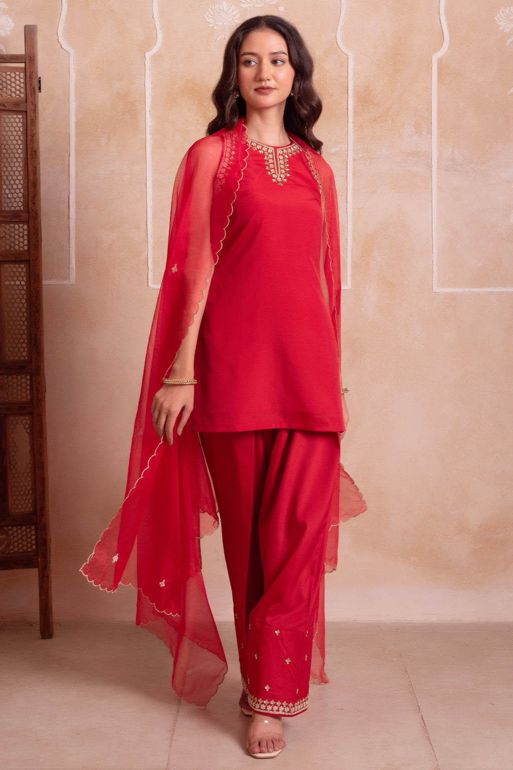 Red Crepe Embroidered Suit with Sharara & Scalloped Dupatta