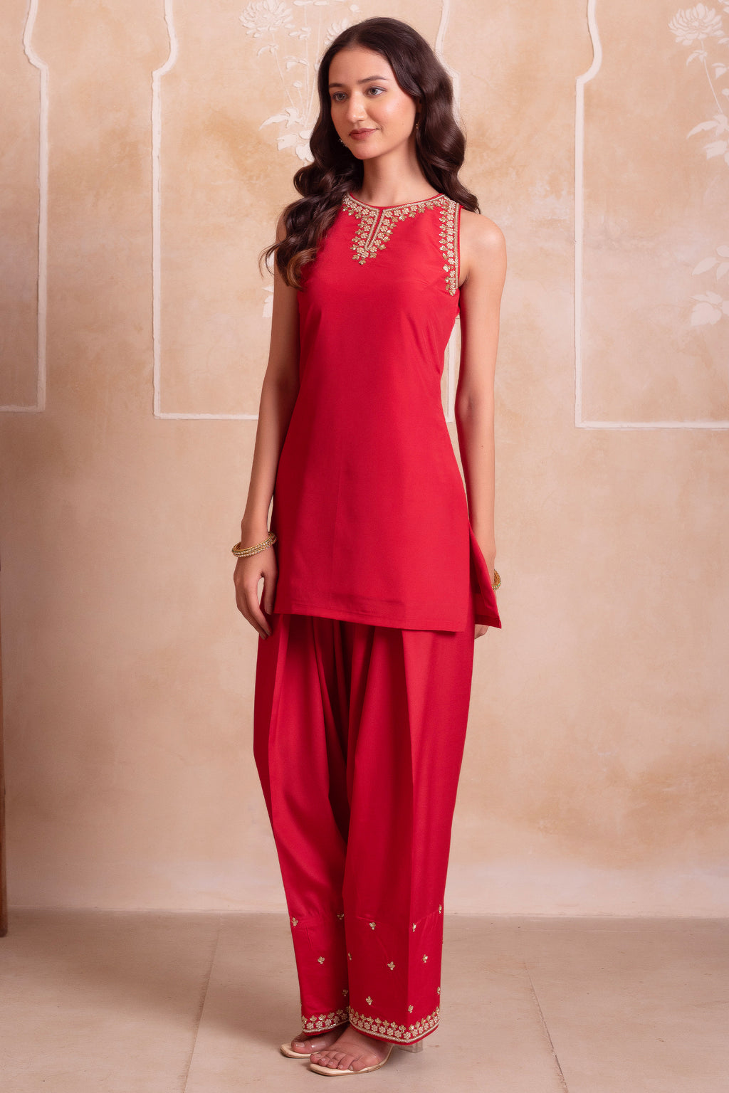 Red Crepe Embroidered Suit with Sharara & Scalloped Dupatta
