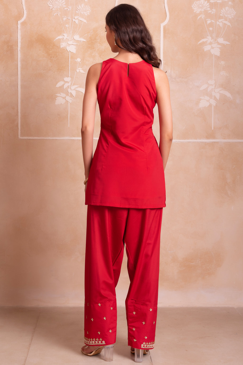 Red Crepe Embroidered Suit with Sharara & Scalloped Dupatta