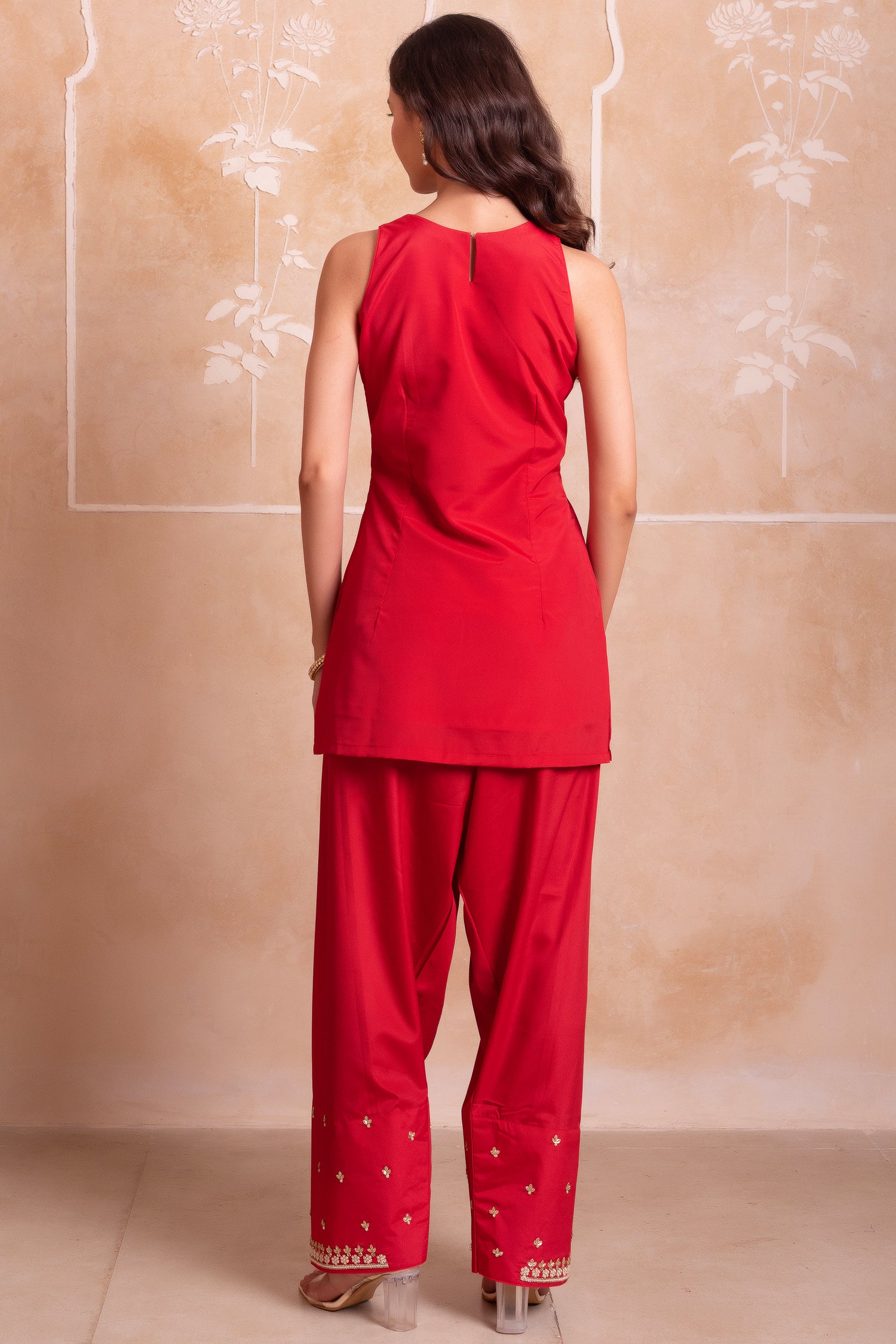 Red Crepe Embroidered Suit with Sharara & Scalloped Dupatta