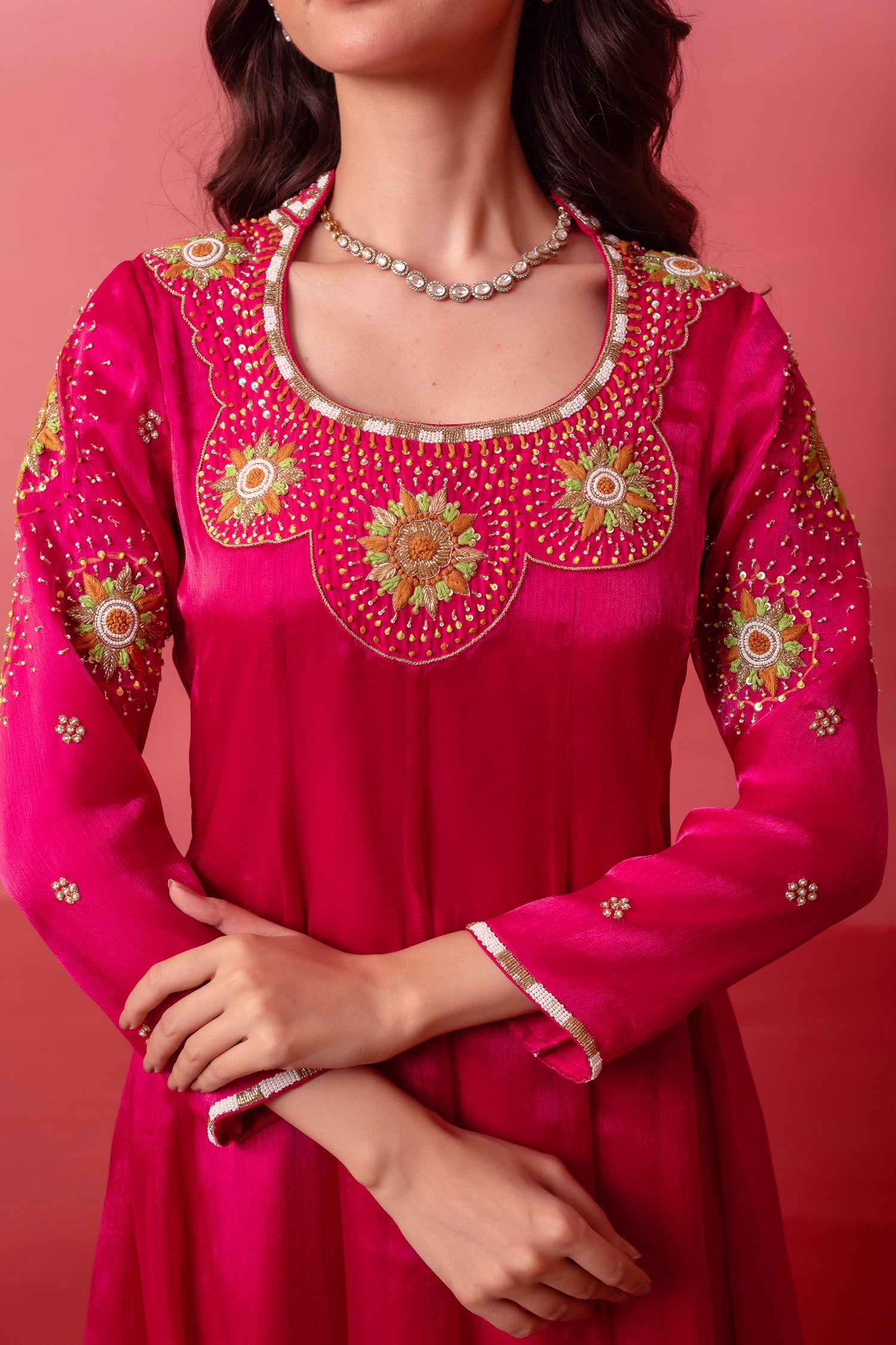 Magenta Pink Organza Embroidered Anarkali Suit