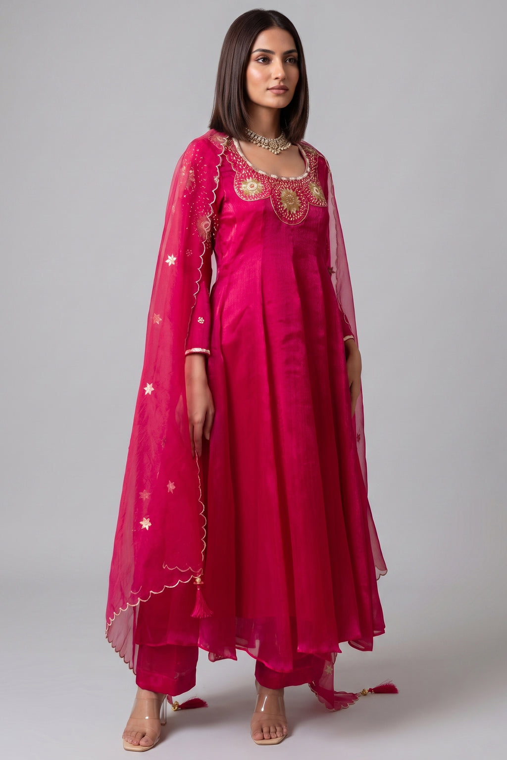 Magenta Pink Organza Embroidered Anarkali Suit