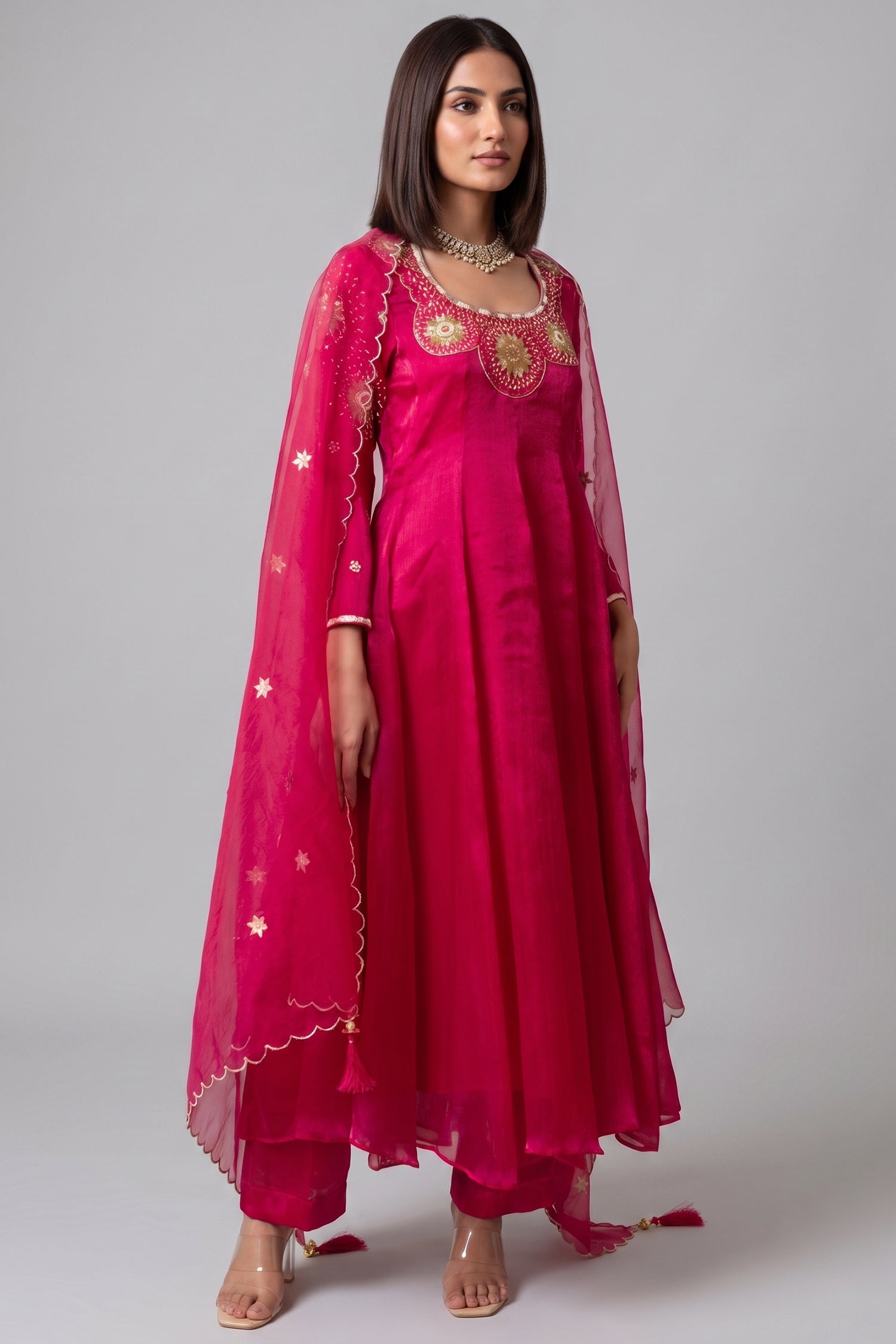 Magenta Pink Organza Embroidered Anarkali Suit