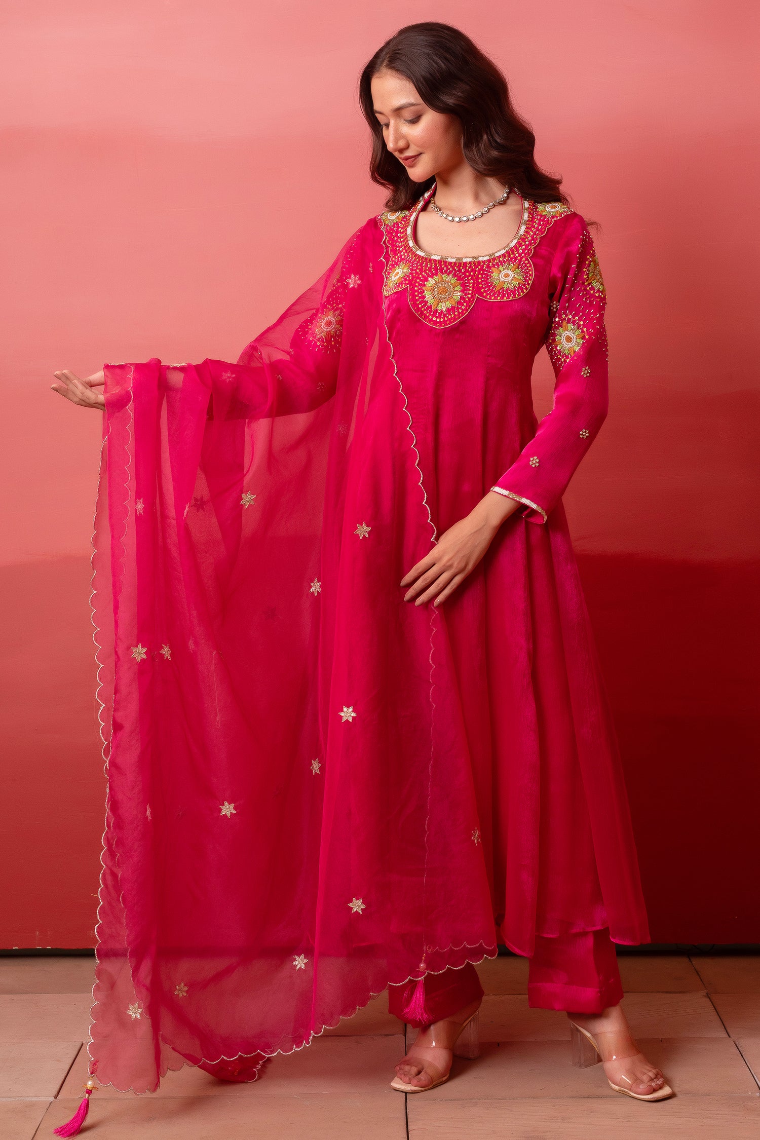 Magenta Pink Organza Embroidered Anarkali Suit