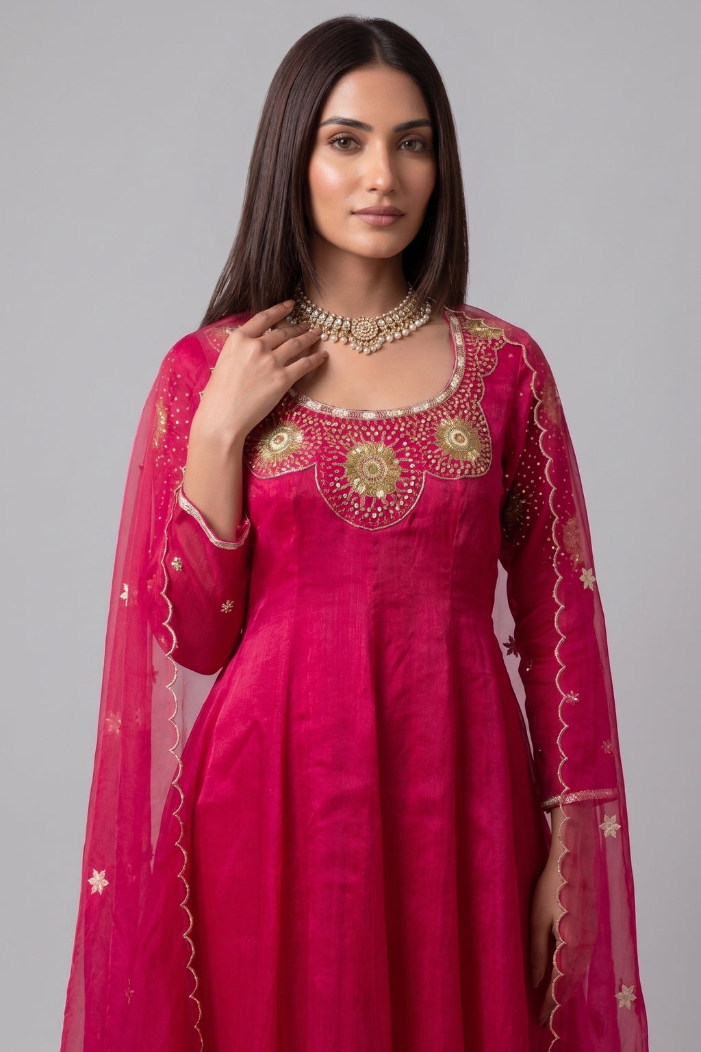 Magenta Pink Organza Embroidered Anarkali Suit