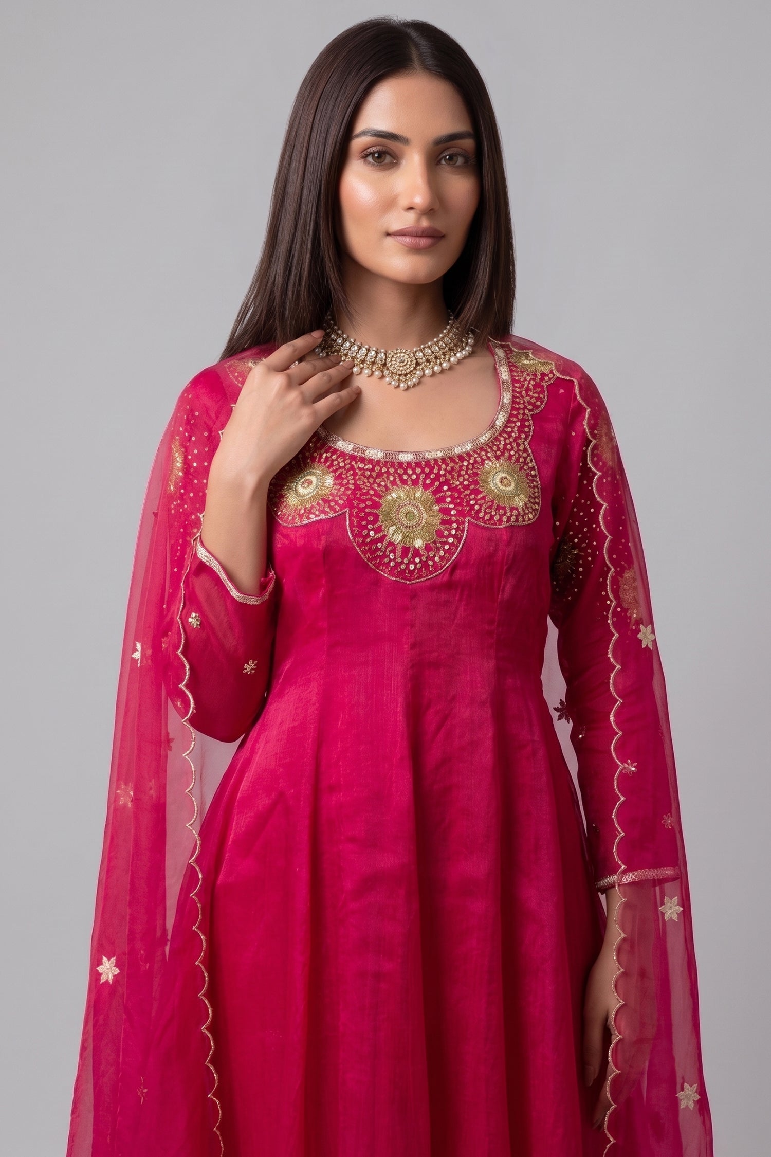 Magenta Pink Organza Embroidered Anarkali Suit