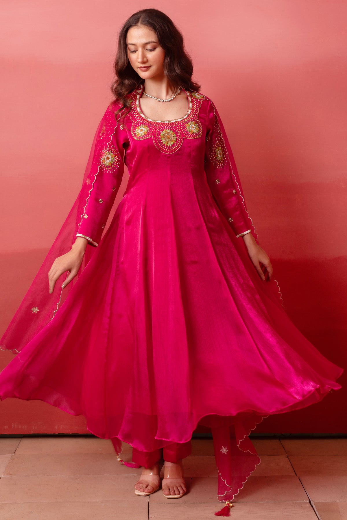 Magenta Pink Organza Embroidered Anarkali Suit
