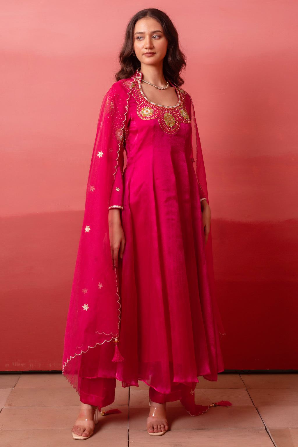 Magenta Pink Organza Embroidered Anarkali Suit
